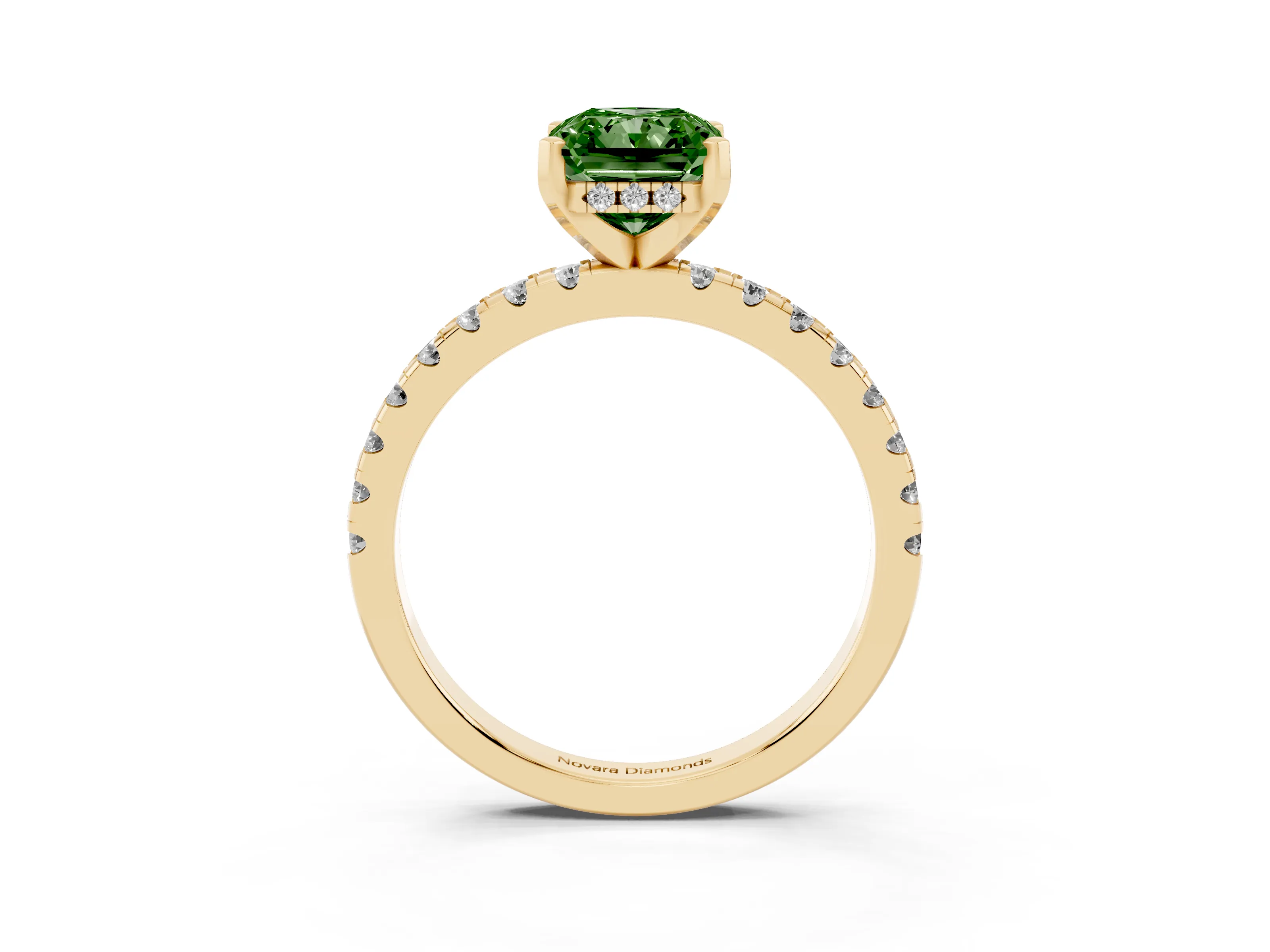 Fancy Green Radiant Cut Diamond Pavé Solitaire Ring Set in Yellow gold with Round Band Accents and Prong Setting