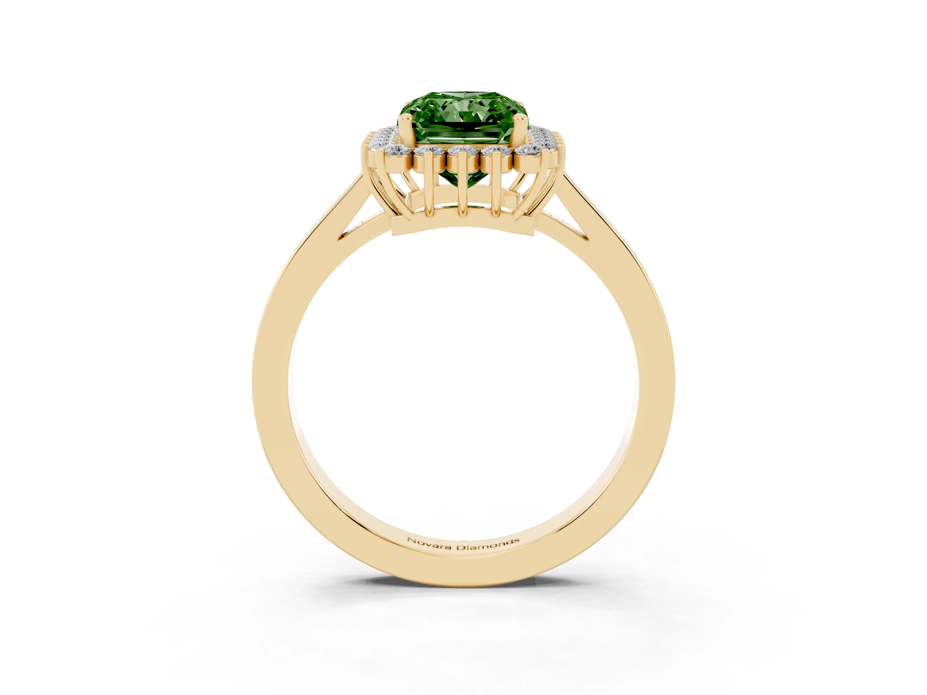 Fancy Green Radiant Cut Diamond Halo Ring Set in Yellow gold with Round Halo and Smooth Solitaire Band