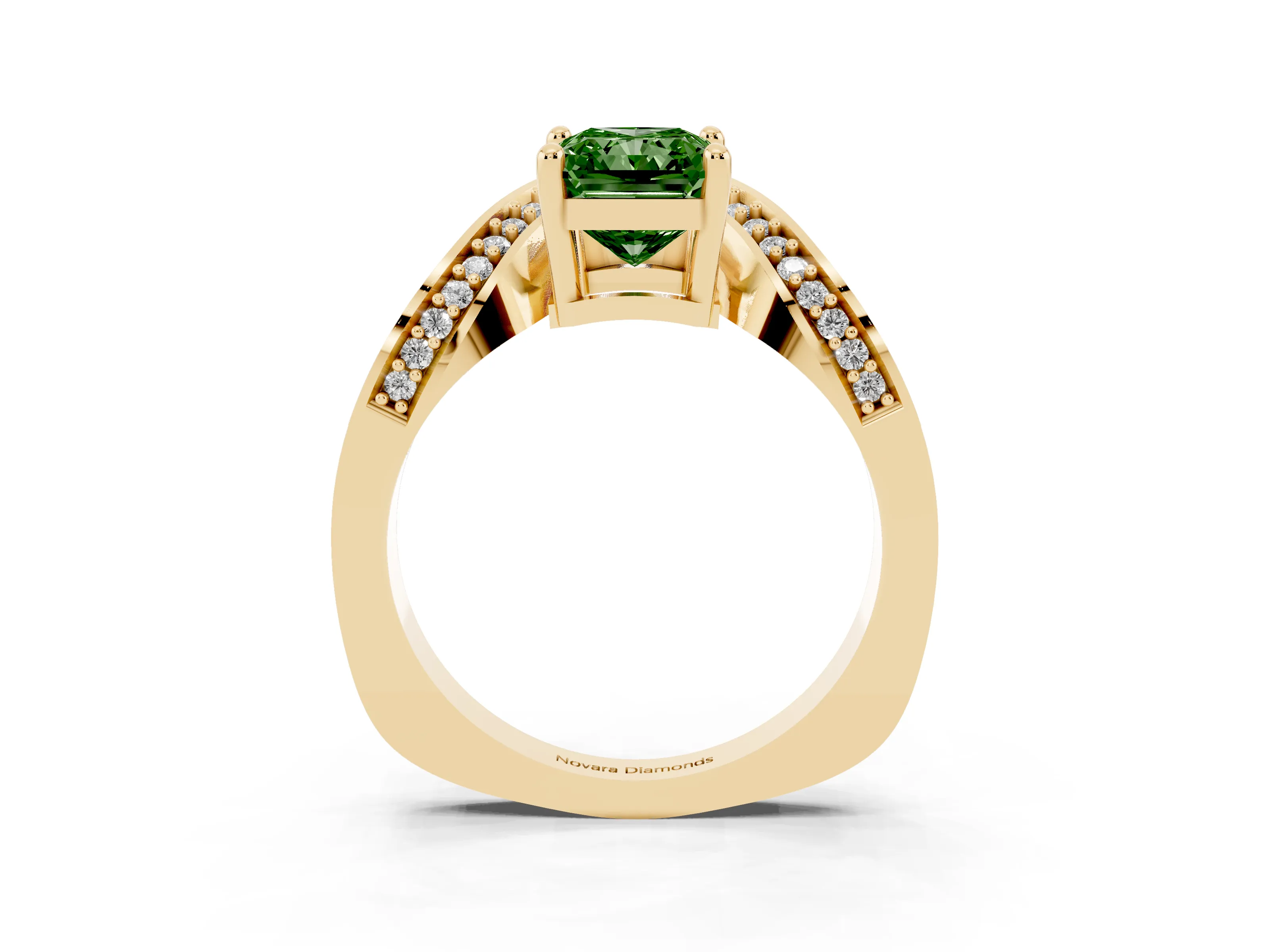 Fancy Green Radiant Cut Diamond Solitaire Engagement Ring Set in Yellow gold with Pavé Shoulders