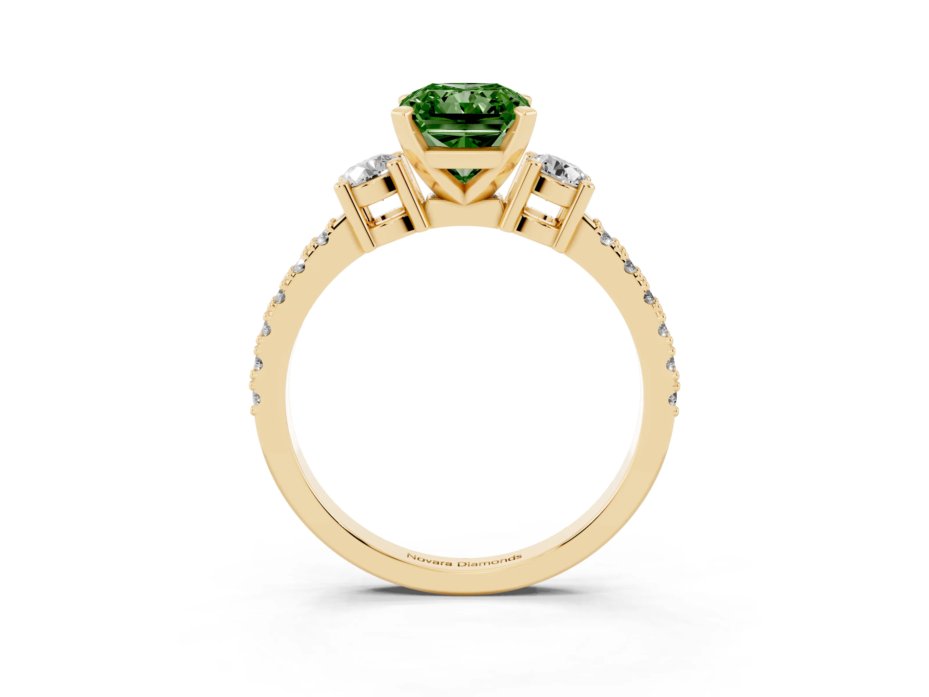 Fancy Green Three-Stone Radiant Cut Diamond Pavé Band Ring Set in Yellow gold with Prong Setting