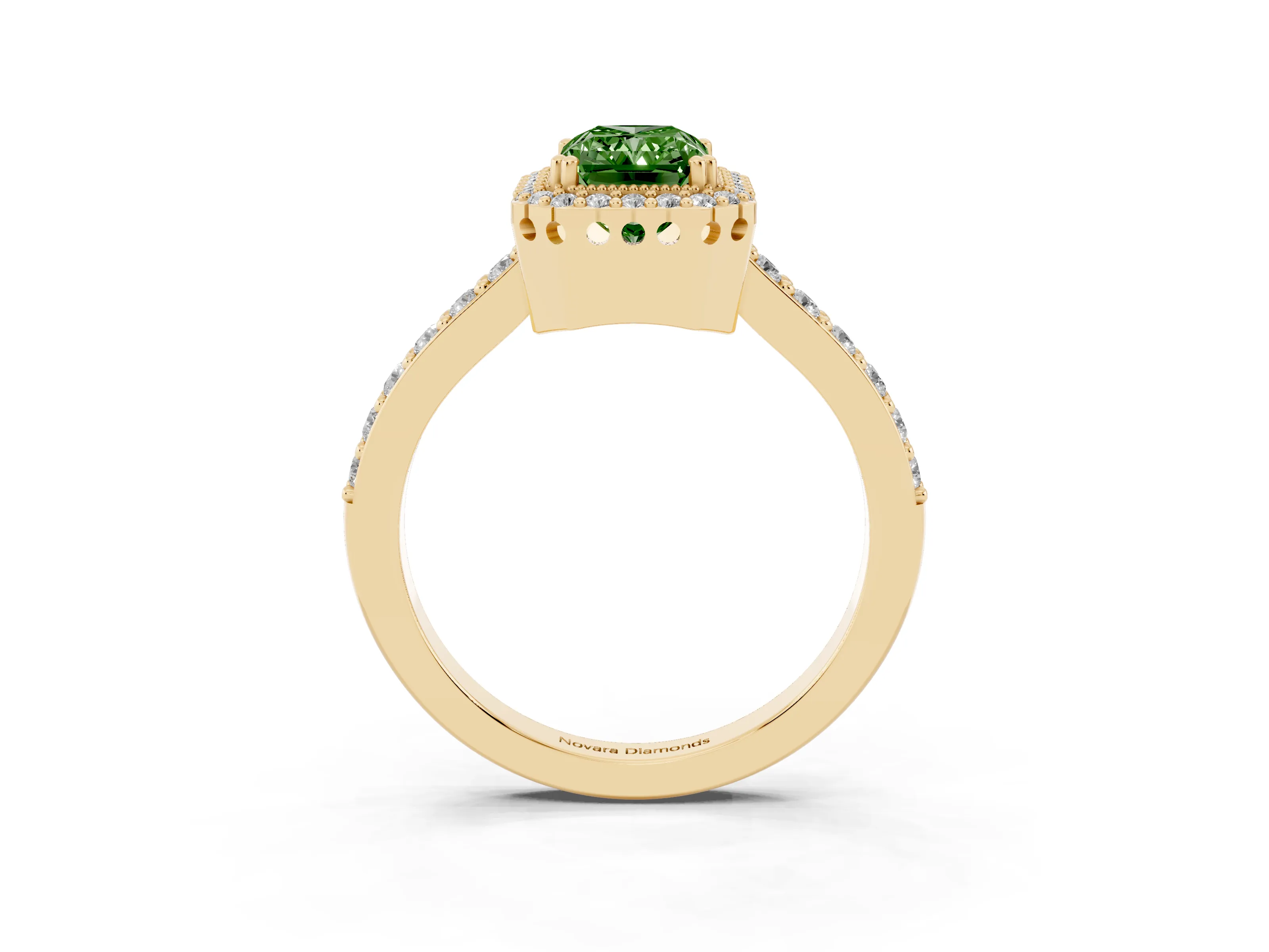 Fancy Green Radiant Cut Diamond Halo Engagement Ring Set in Yellow gold with Milgrain Detail and Pavé Band