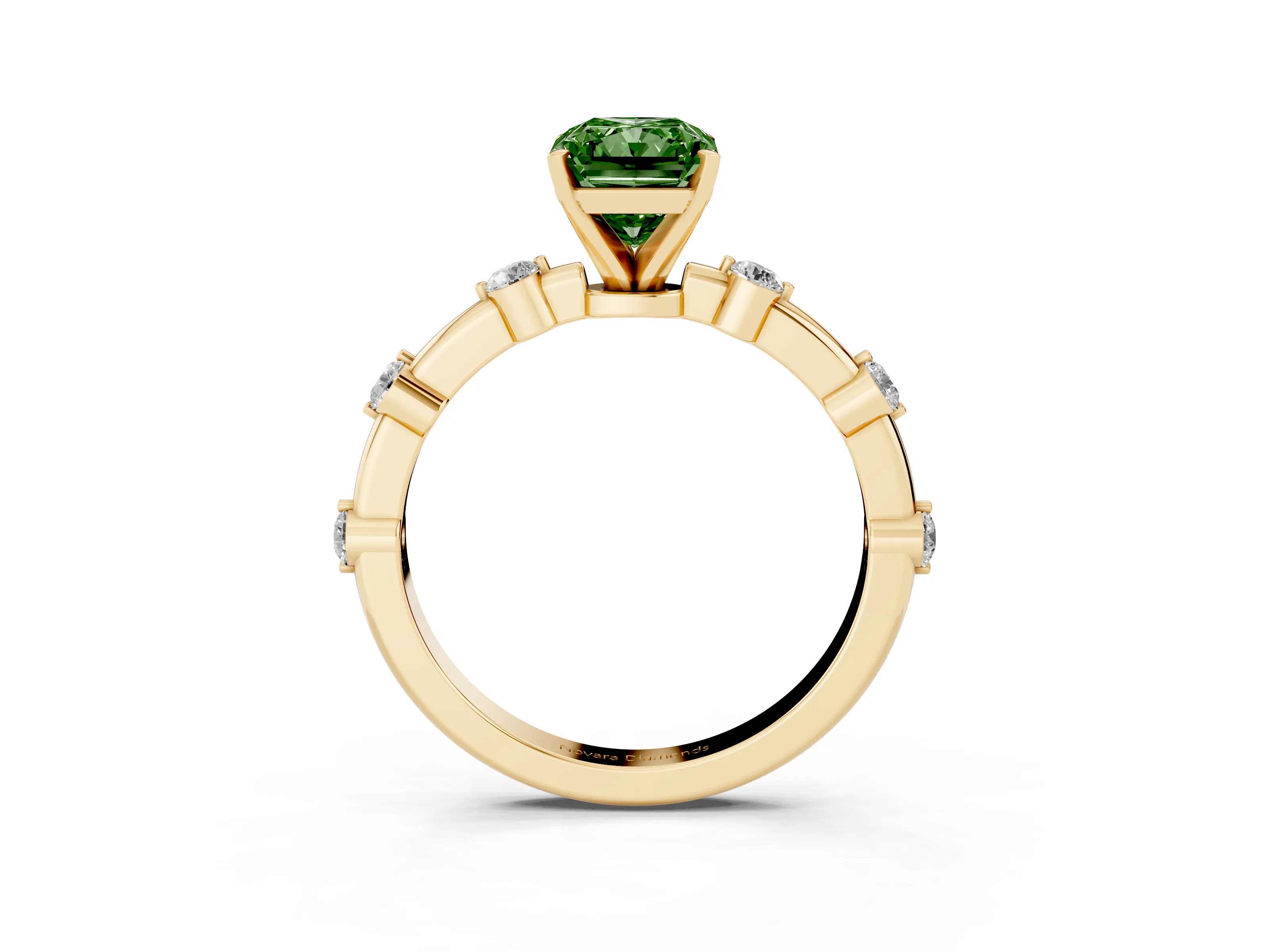 Fancy Green Radiant Cut Diamond Solitaire Ring Set in Yellow gold with Bezel Set Side Stones and Prong Setting