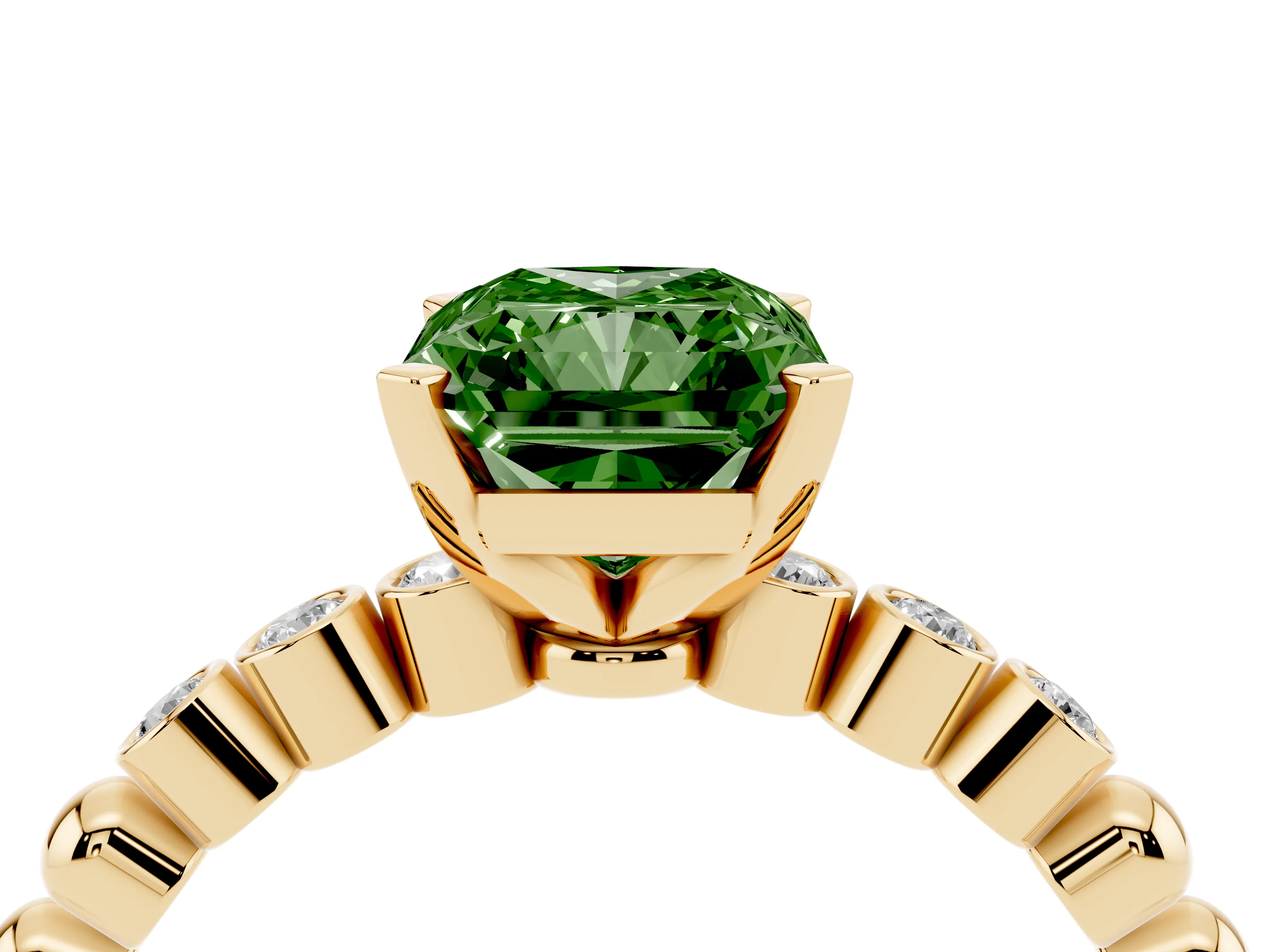 Fancy Green Radiant Cut Diamond Solitaire Engagement Ring Set in Yellow gold with Bezel Accents on Beaded Band