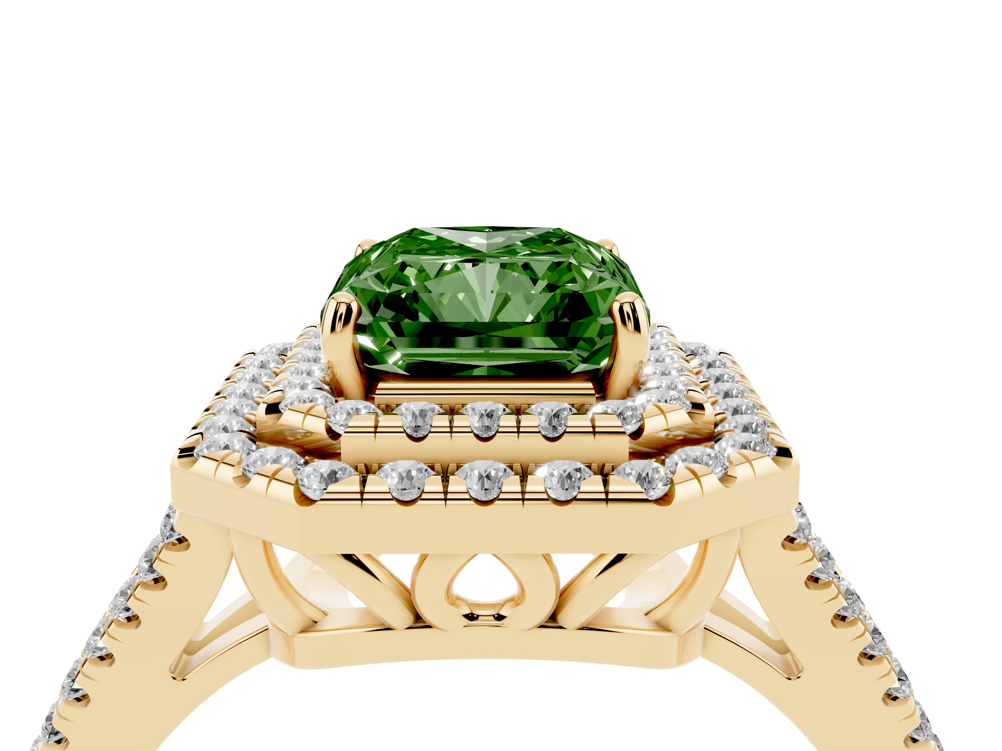Fancy Green Radiant Cut Diamond Double Halo Ring Set in Yellow gold with Pavé Band