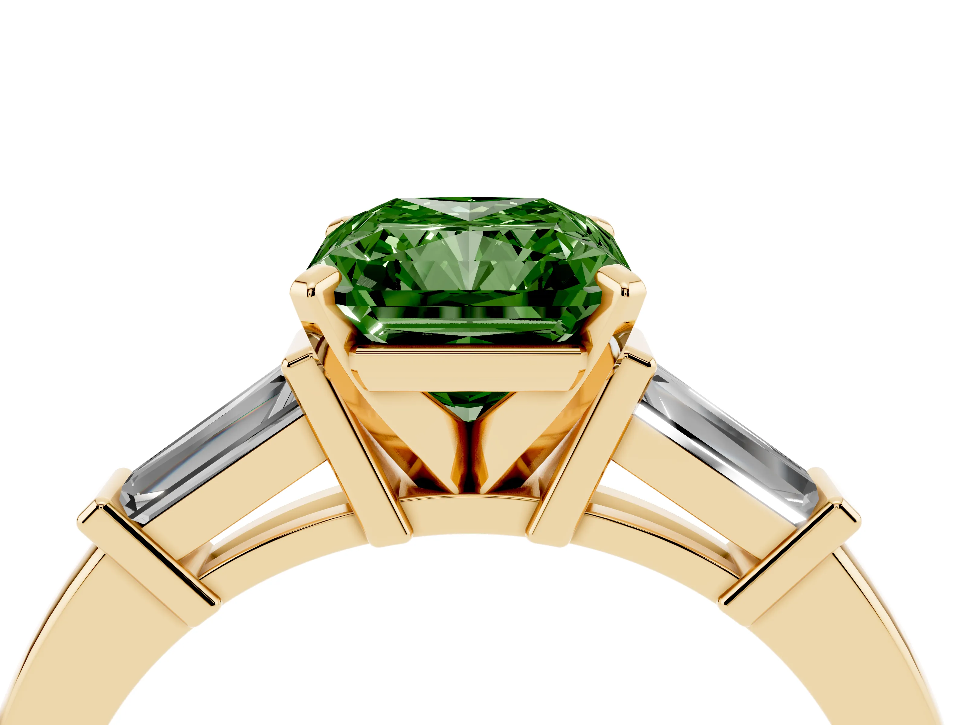 Fancy Green Radiant Cut Diamond Solitaire Ring Set in Yellow gold with Tapered Baguette Accents and Prong Setting
