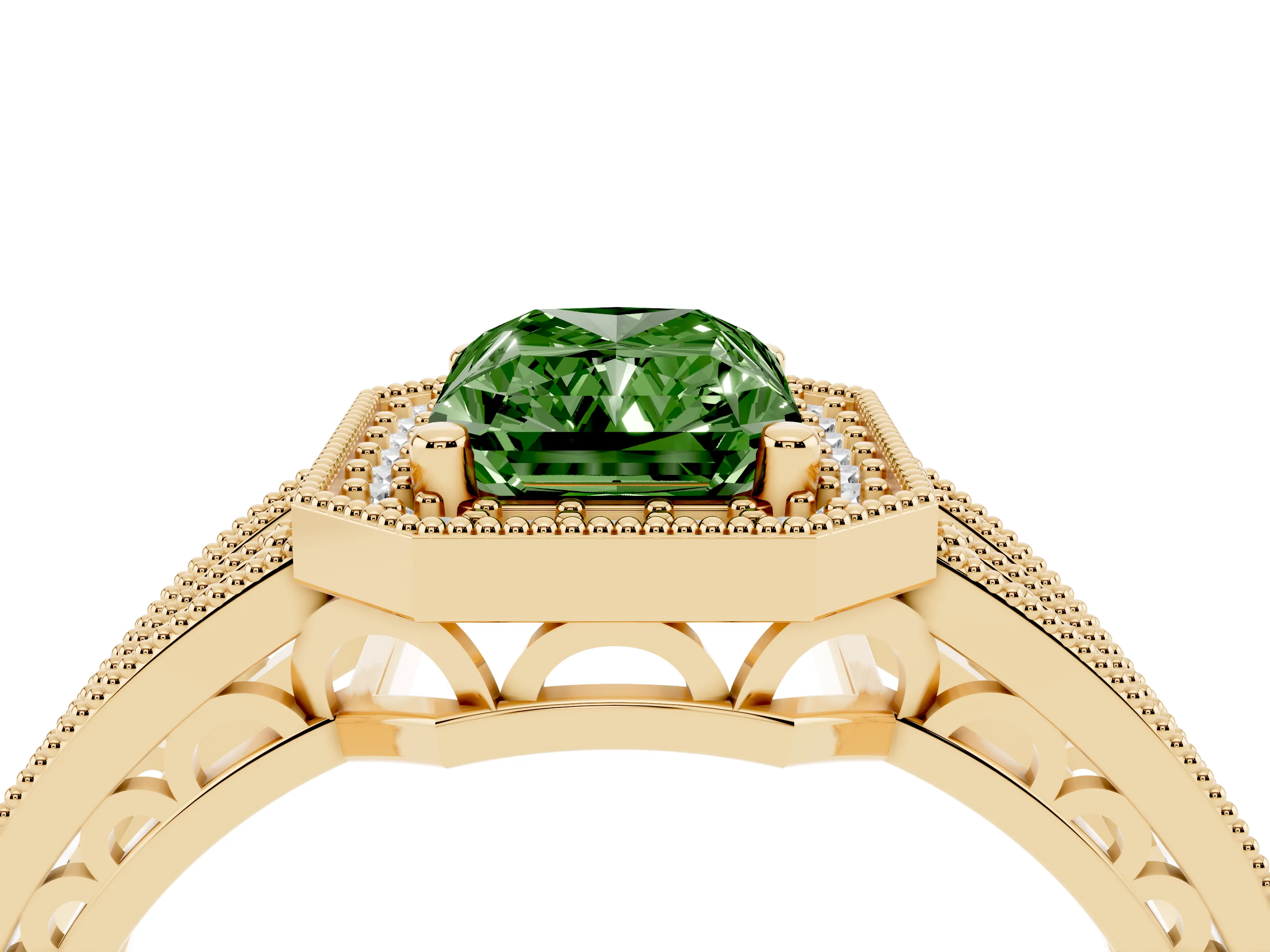 Fancy Green Radiant Cut Diamond Halo Ring Set in Yellow gold with Accent Split Shank and Prong Setting