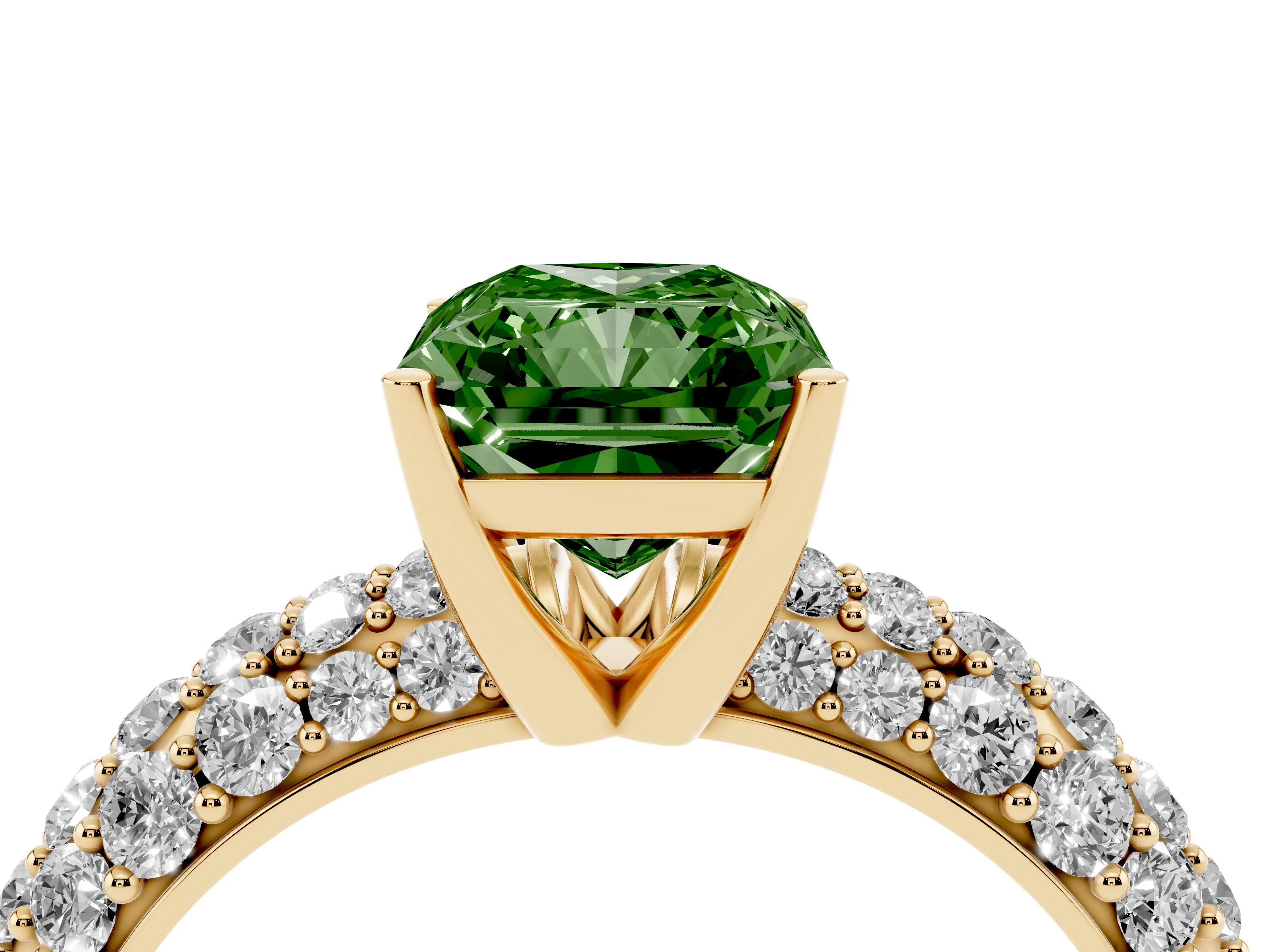 Fancy Green Radiant Cut Diamond Pavé Band Solitaire Ring Set in Yellow gold with Close-Set Accent Stones and Prong Setting
