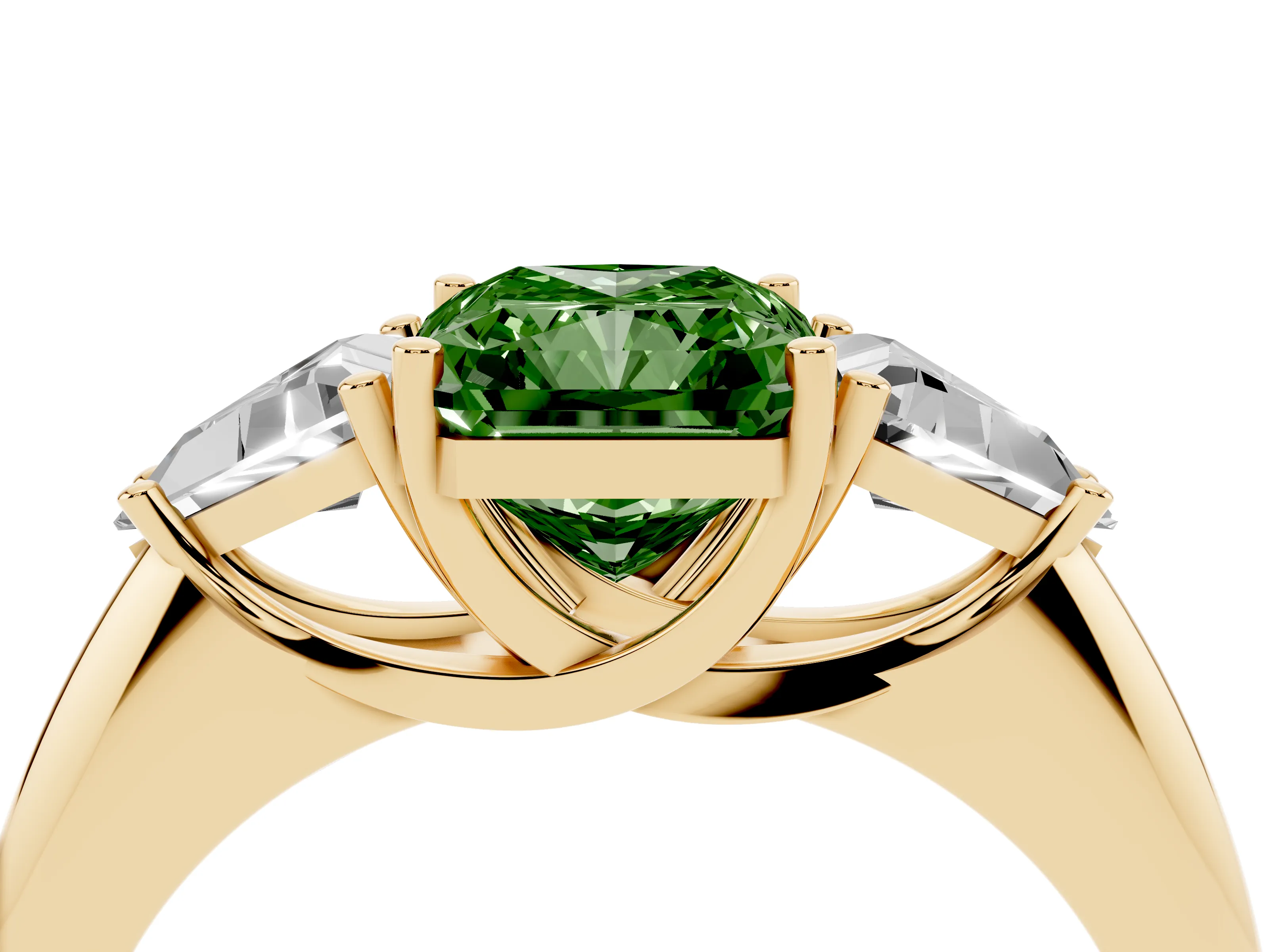 Fancy Green Radiant Cut Diamond Three-Stone Engagement Ring Set in Yellow gold with Trillion Side Stones