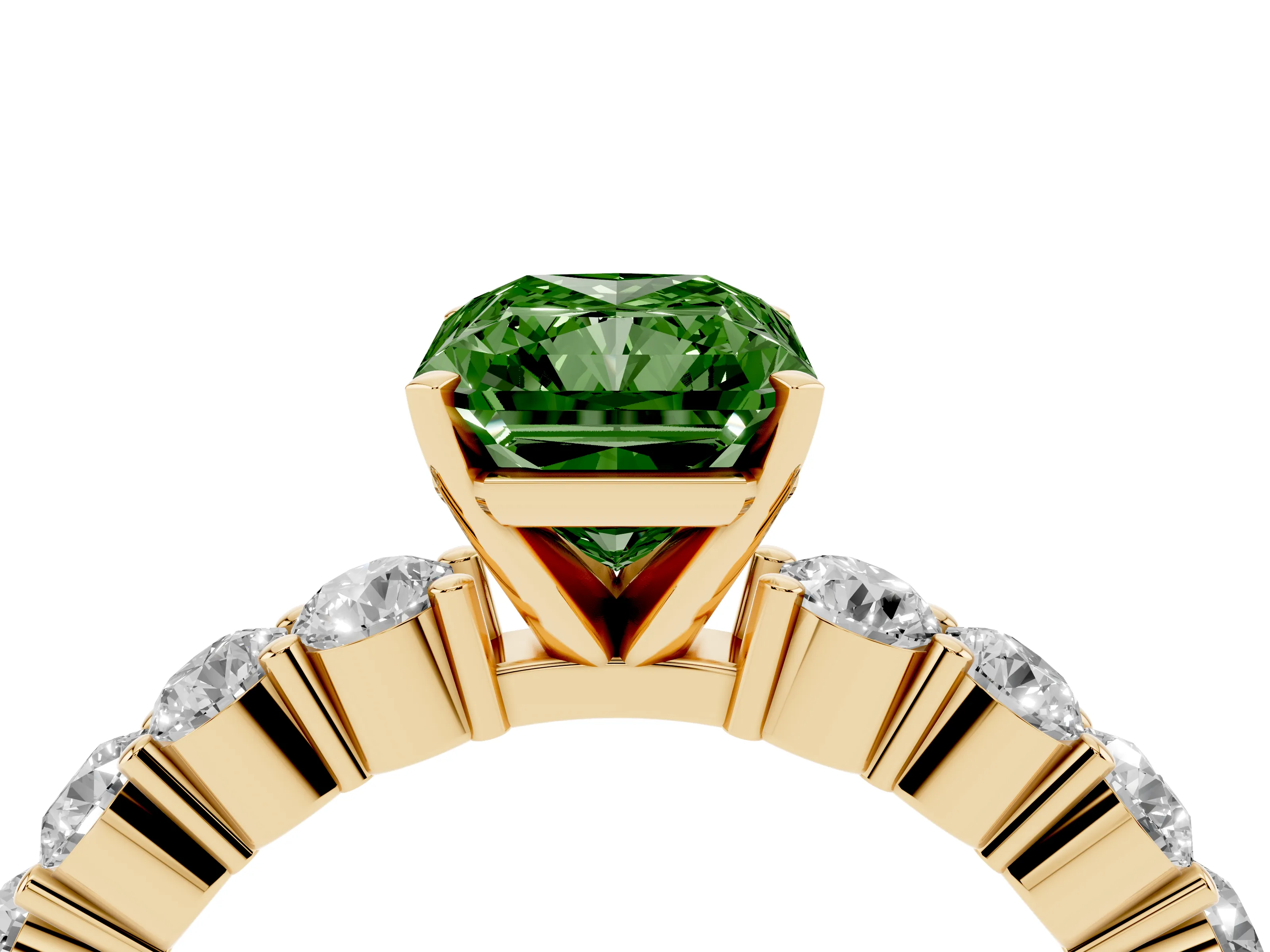 Fancy Green Radiant Cut Diamond Solitaire Ring Set in Yellow gold with Shared Prong Round Side Stones