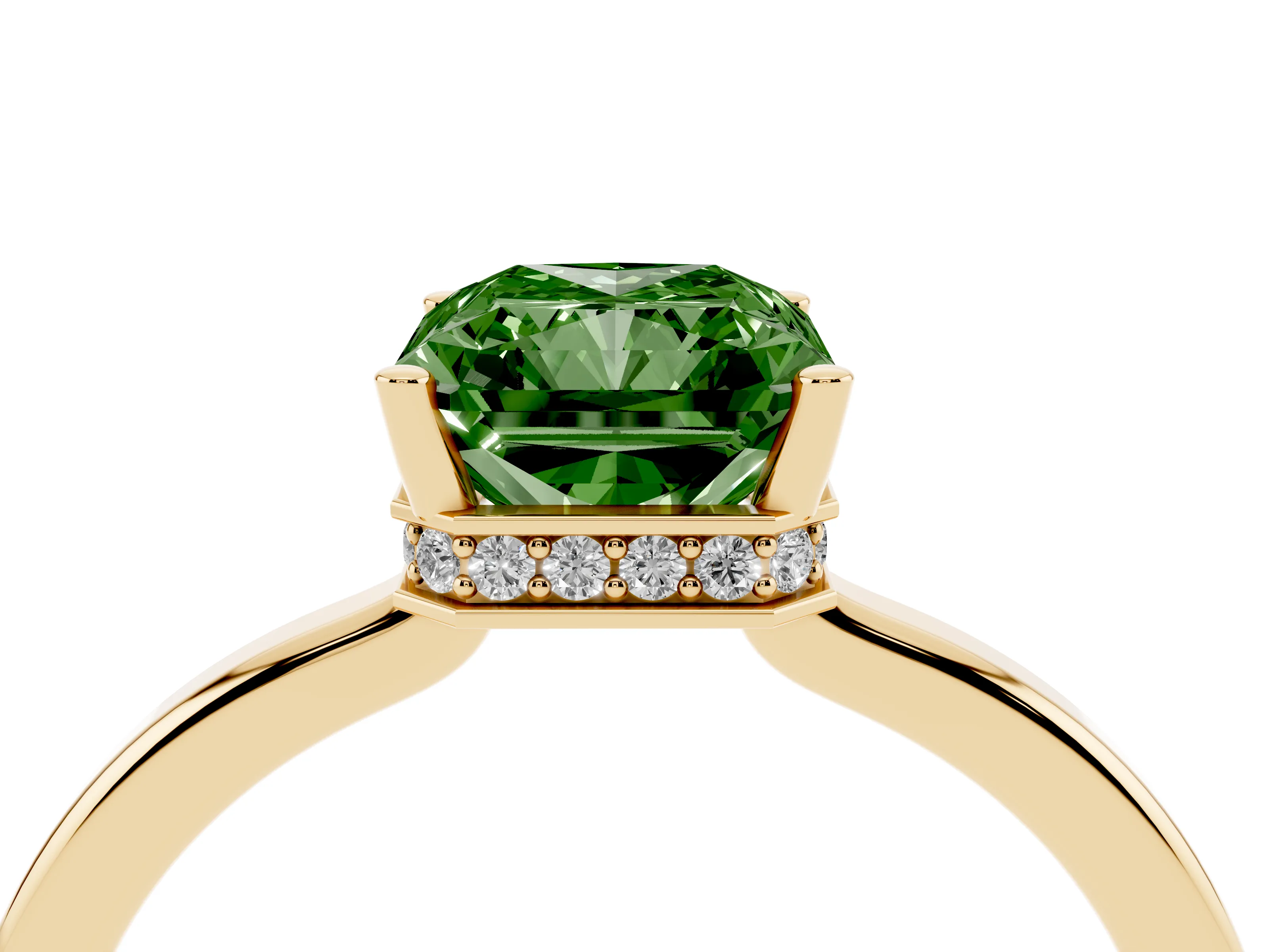 Fancy Green Radiant Cut Diamond Solitaire Engagement Ring Set in Yellow gold with Prong Setting on a Plain Band