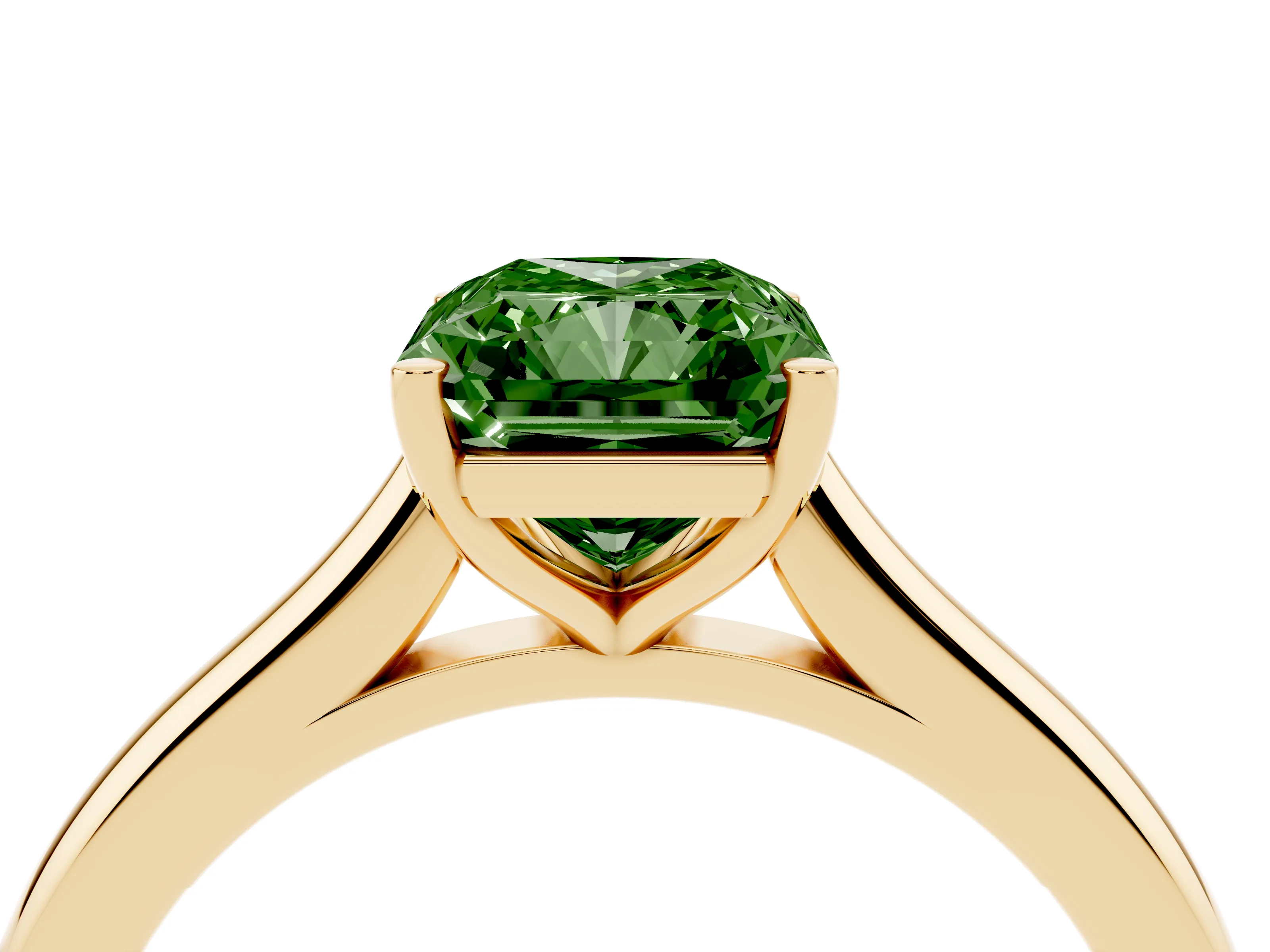 Fancy Green Radiant Cut Diamond Solitaire Ring Set in Yellow gold with Cathedral Band and Prong Setting