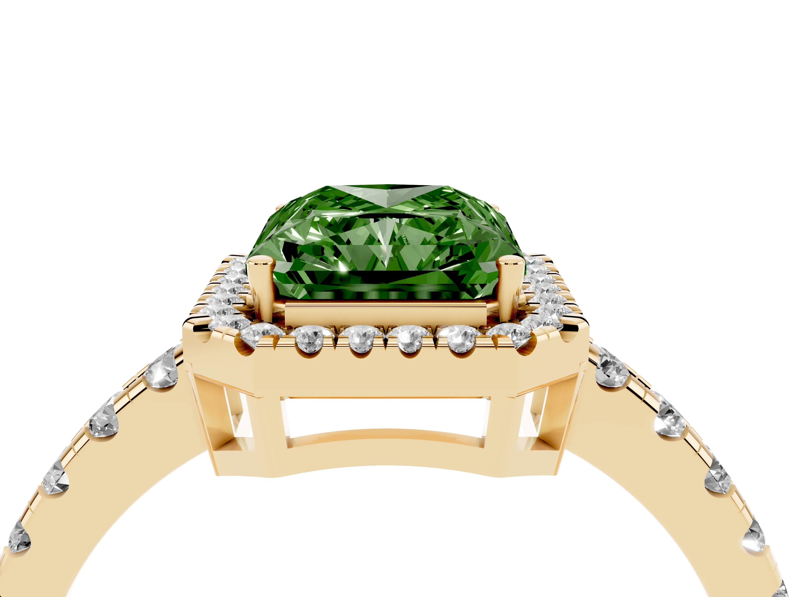 Fancy Green Radiant Cut Diamond Halo Ring Set in Yellow gold with Delicate Pavé Band and Prong Setting