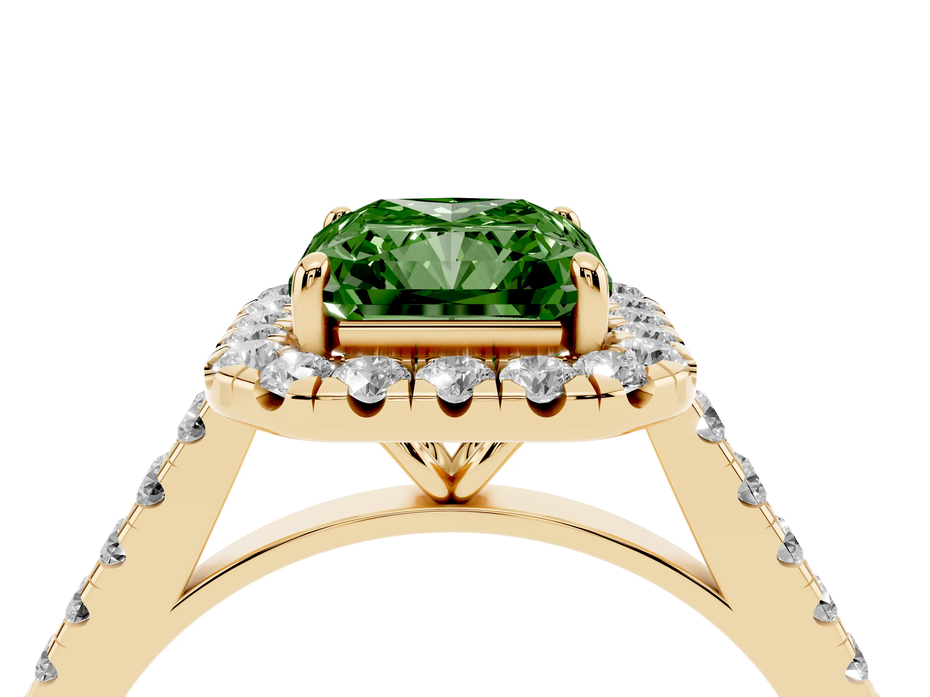 Fancy Green Radiant Cut Diamond Halo Pavé Engagement Ring Set in Yellow gold with Prong Setting