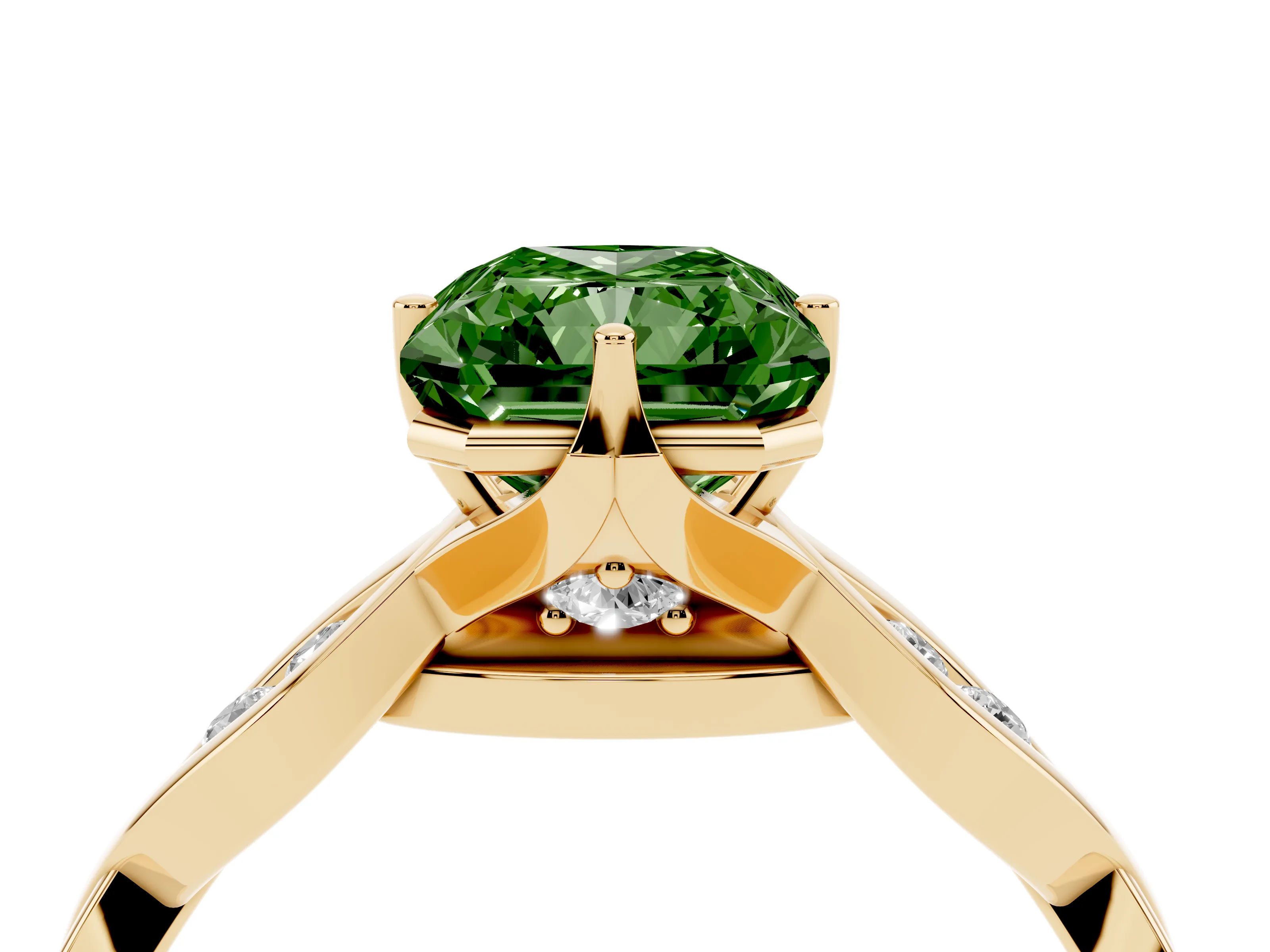 Fancy Green Radiant Cut Diamond Twist Band Solitaire Ring Set in Yellow gold with Leaf Prong Setting and Accent Stones