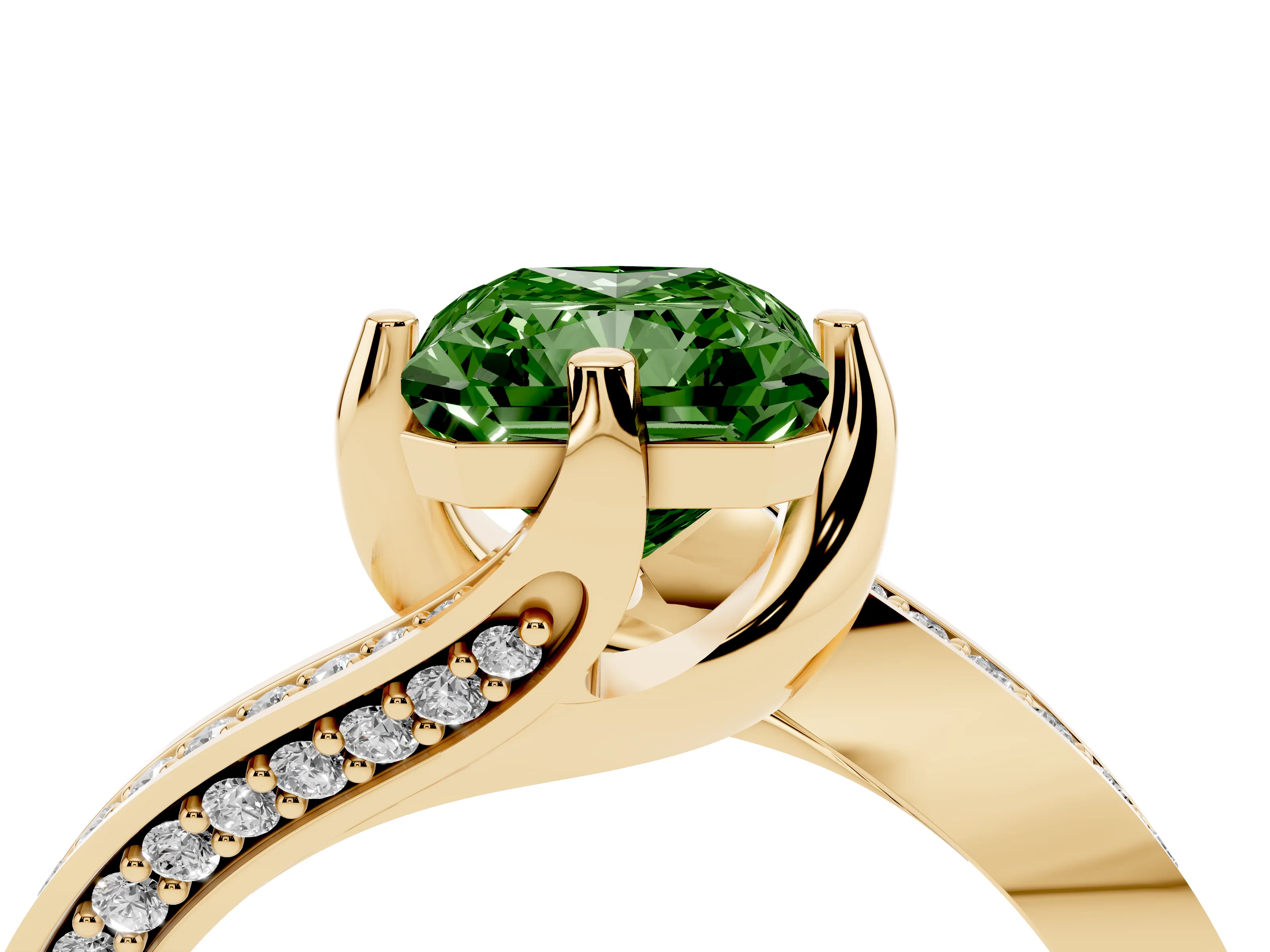 Fancy Green Radiant Cut Diamond Solitaire Ring Set in Yellow gold with Intertwined Pavé Twist Band