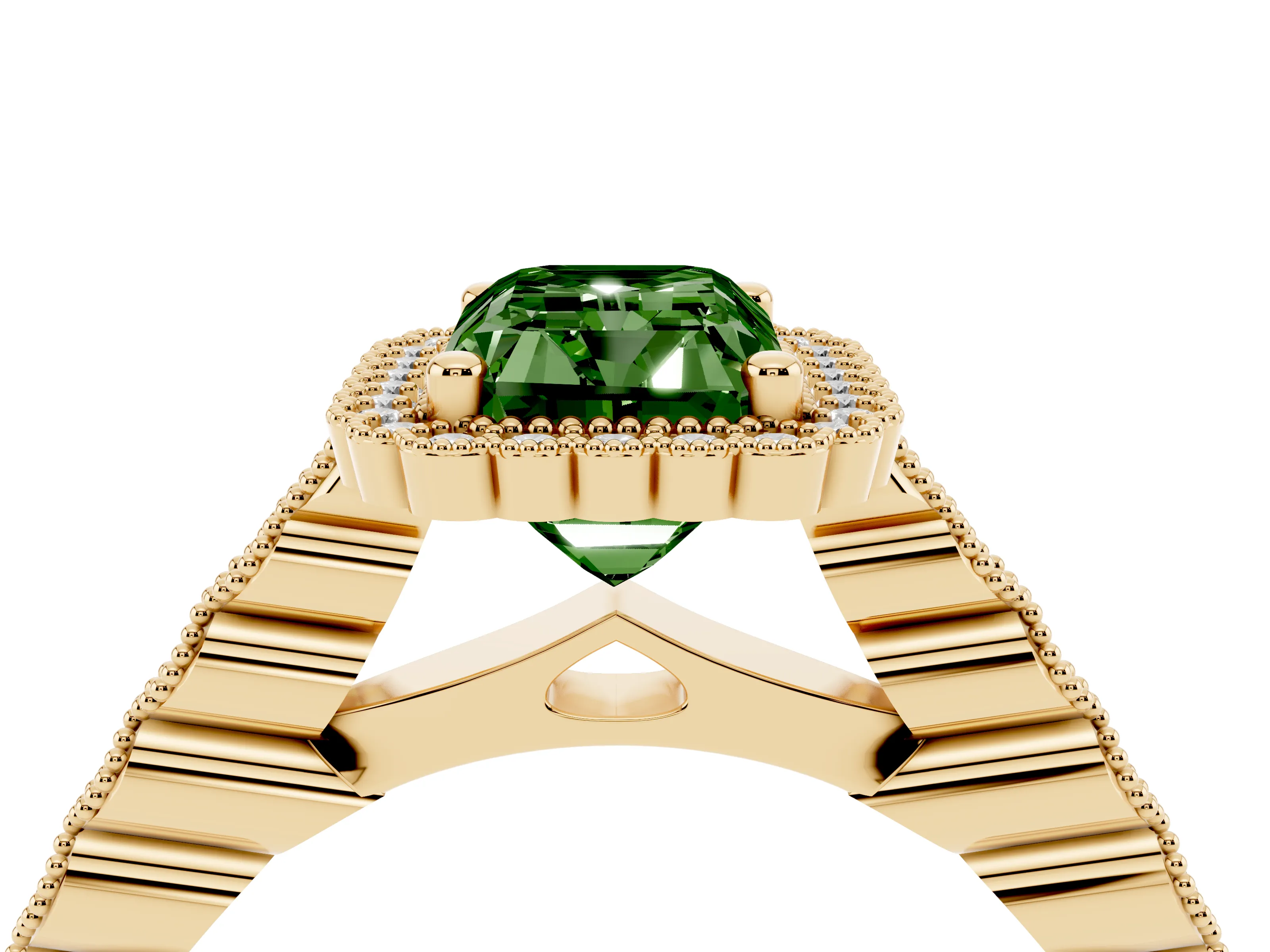 Fancy Green Radiant Cut Diamond Halo Ring Set in Yellow gold with Pavé Milgrain Band