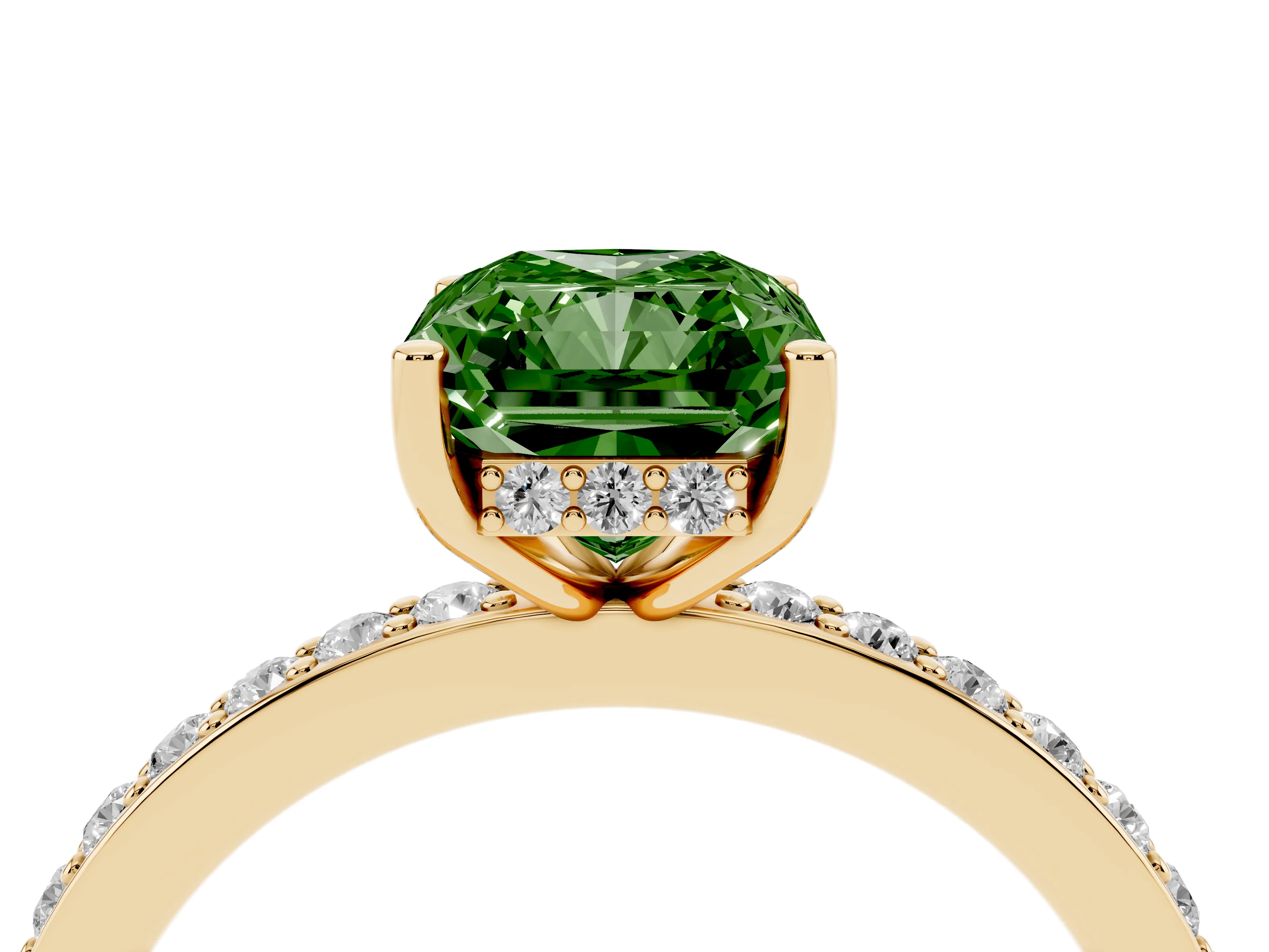 Fancy Green Radiant Cut Diamond Pavé Band Ring Set in Yellow gold with Prong-Set Center Stone