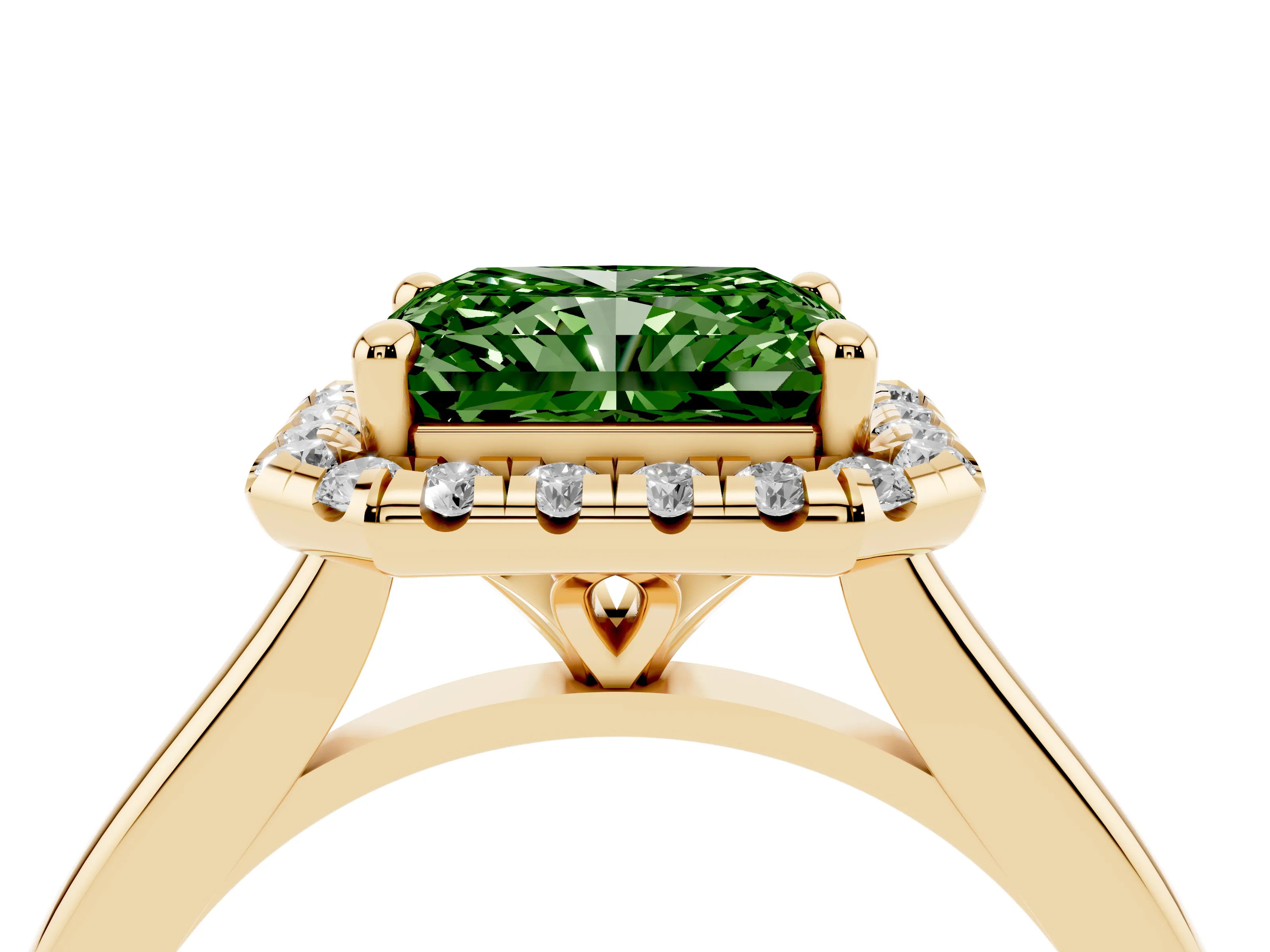 Fancy Green Radiant Cut Diamond Halo Engagement Ring Set in Yellow gold with Pavé Band and Rising Shoulders