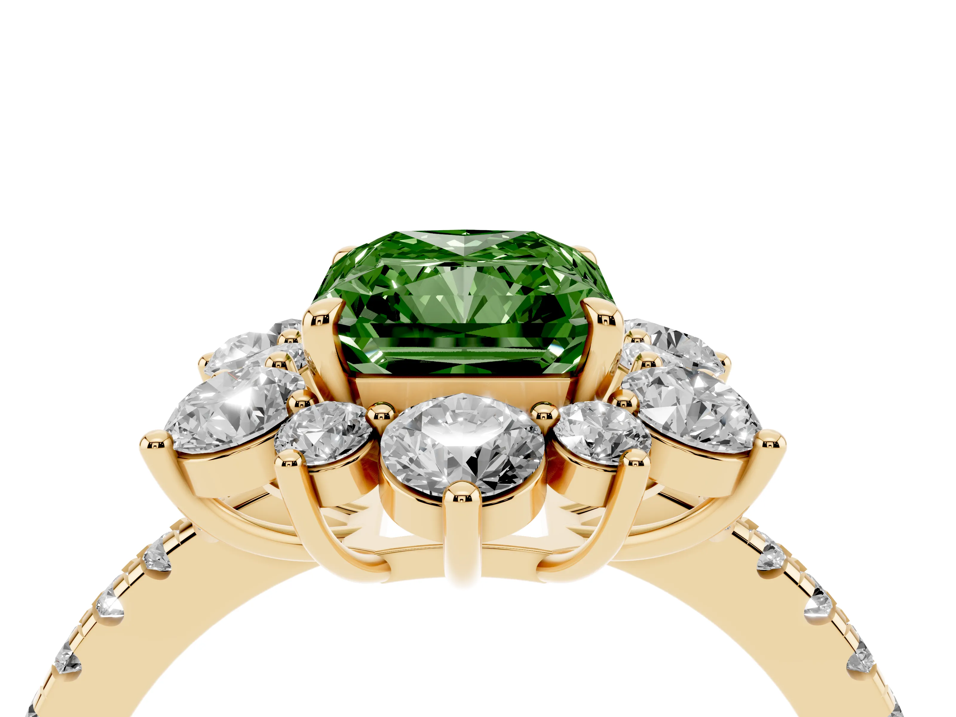 Fancy Green Radiant Cut Diamond Floral Halo Ring Set in Yellow gold with Round Pavé Band and Prong Setting