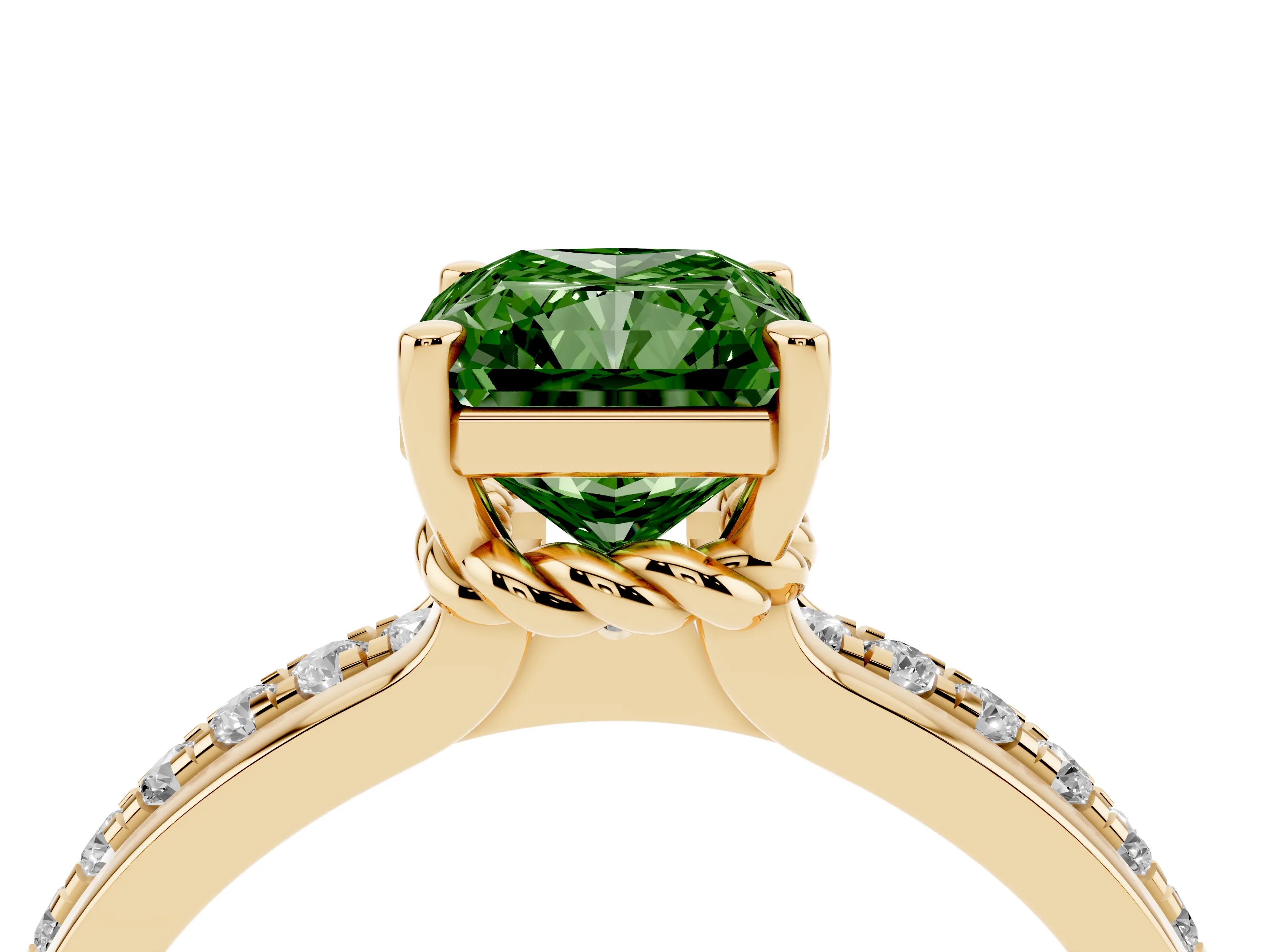 Fancy Green Radiant Cut Diamond Solitaire Ring Set in Yellow gold with Channel Set Band and Prong Setting