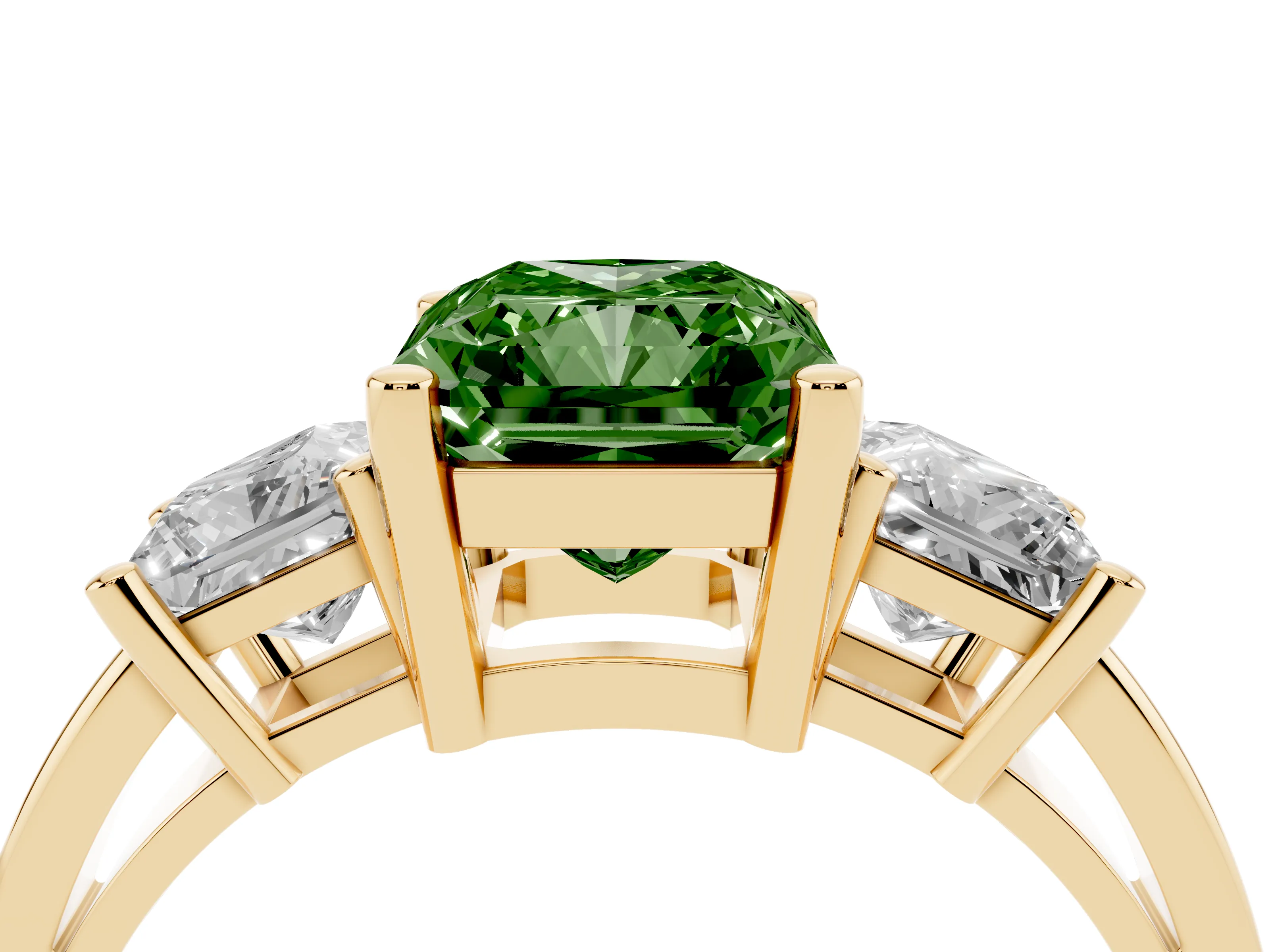 Fancy Green Three-Stone Radiant Cut Diamond Solitaire Ring Set in Yellow gold with Prong Setting