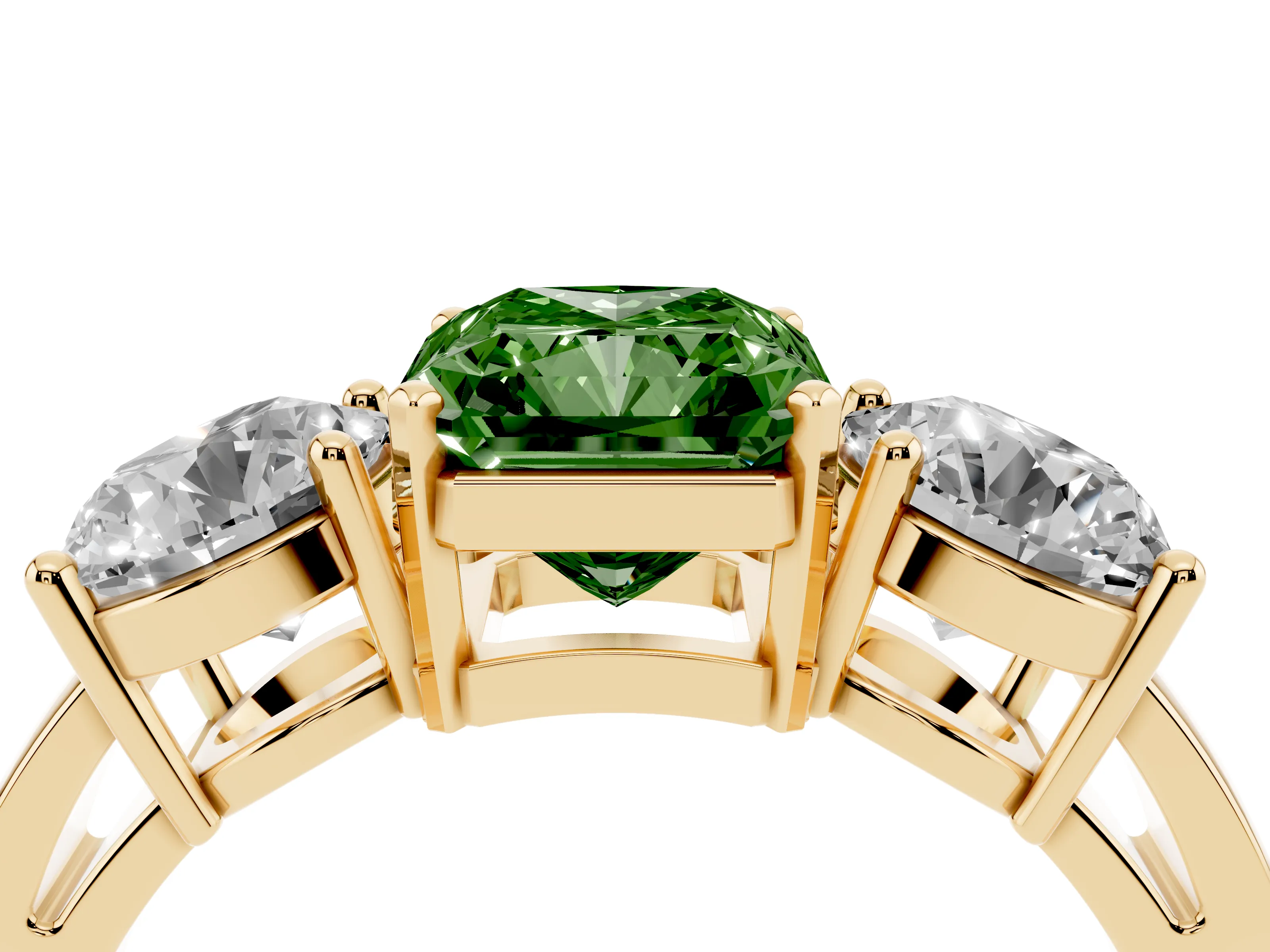 Fancy Green Radiant Cut Diamond Three-Stone Ring Set in Yellow gold with Round Side Stones and Classic Band