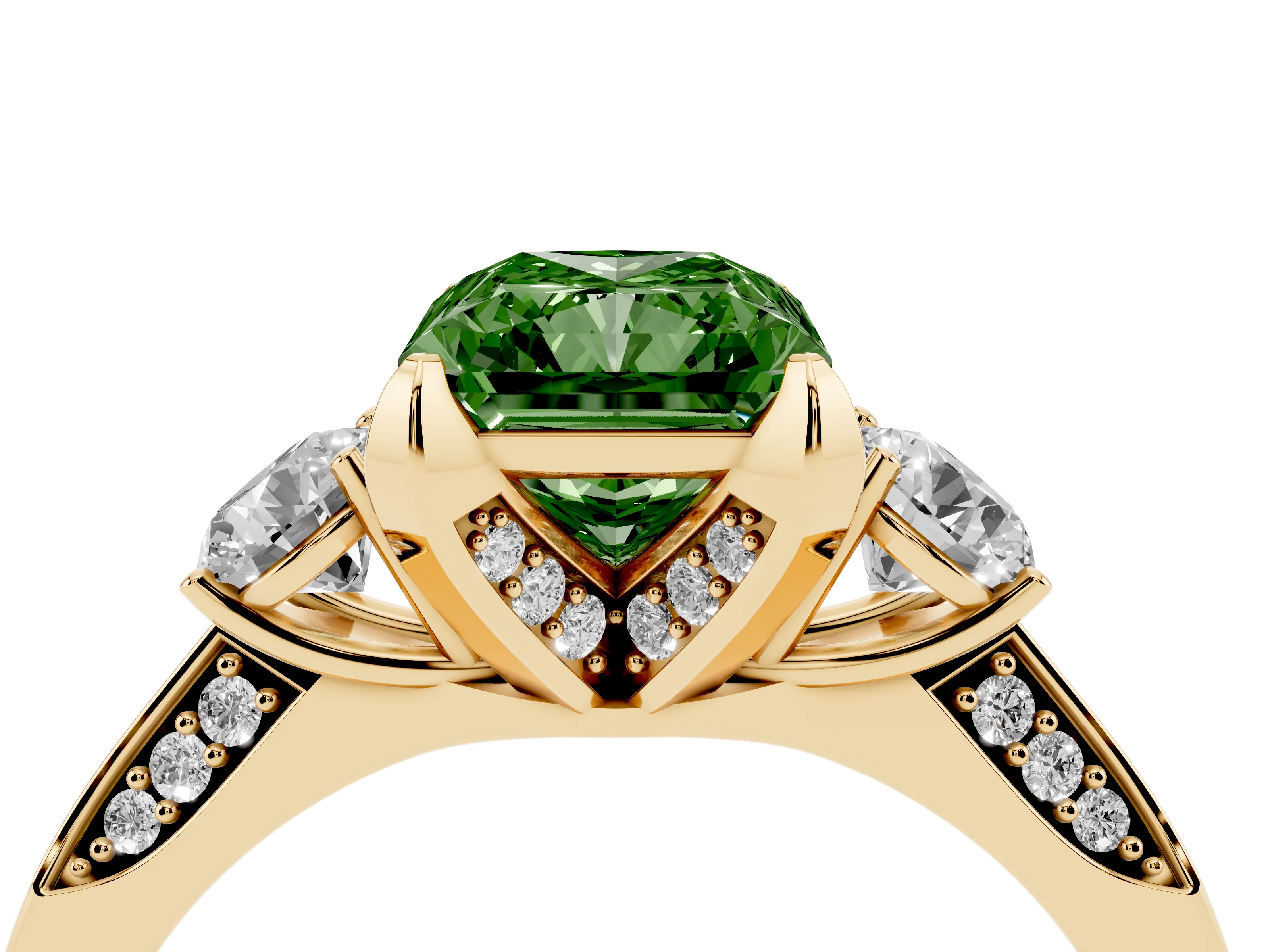 Fancy Green Radiant Cut Diamond Three-Stone Ring Set in Yellow gold with Pavé Band and Smaller Side Stones