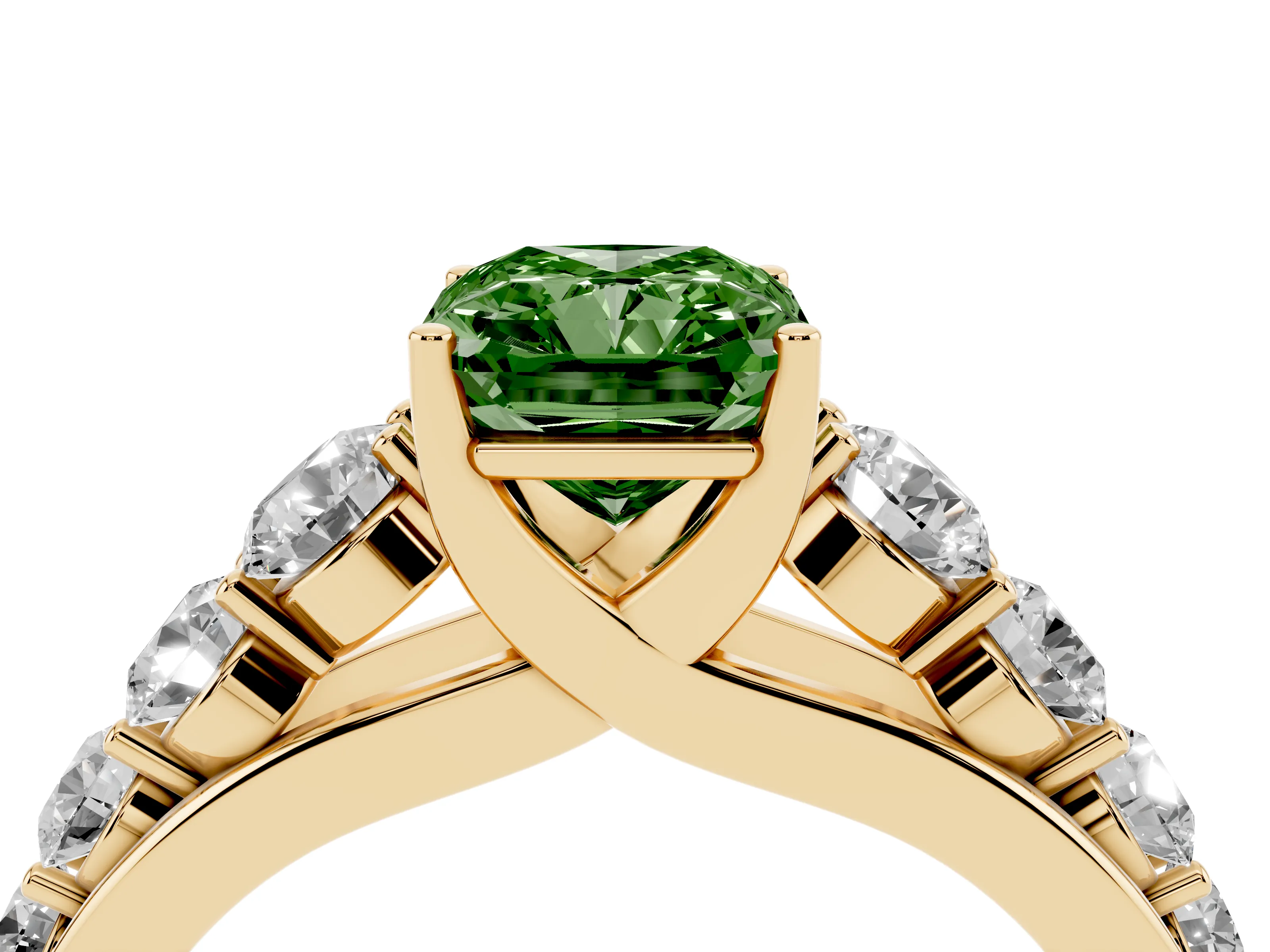 Fancy Green Radiant Cut Diamond Solitaire Ring Set in Yellow gold with Pavé-Set Band and Prong Setting