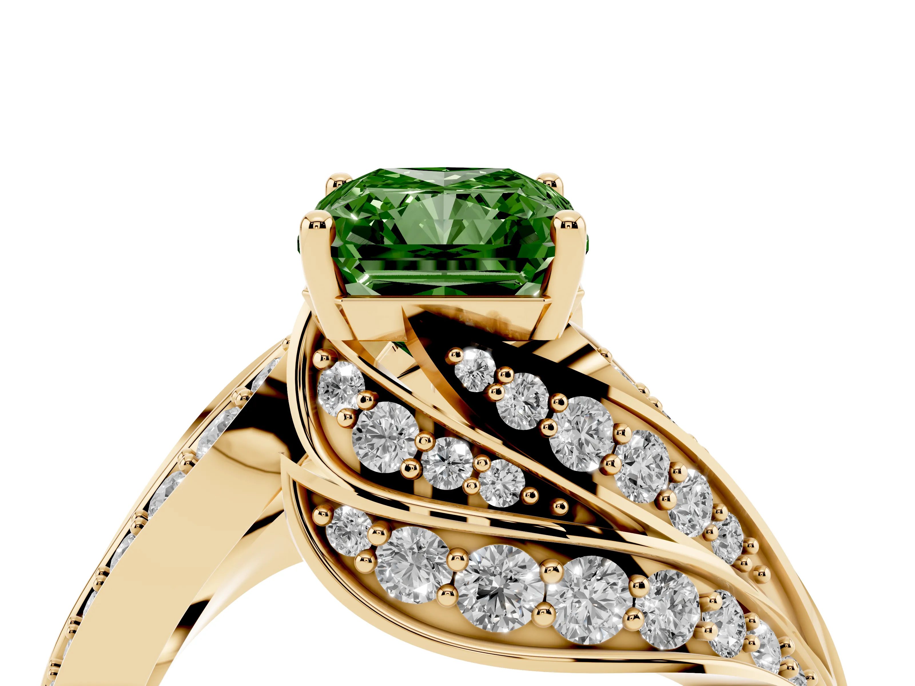 Fancy Green Radiant Cut Diamond Solitaire Ring Set in Yellow gold with Layered Twist Pavé Band