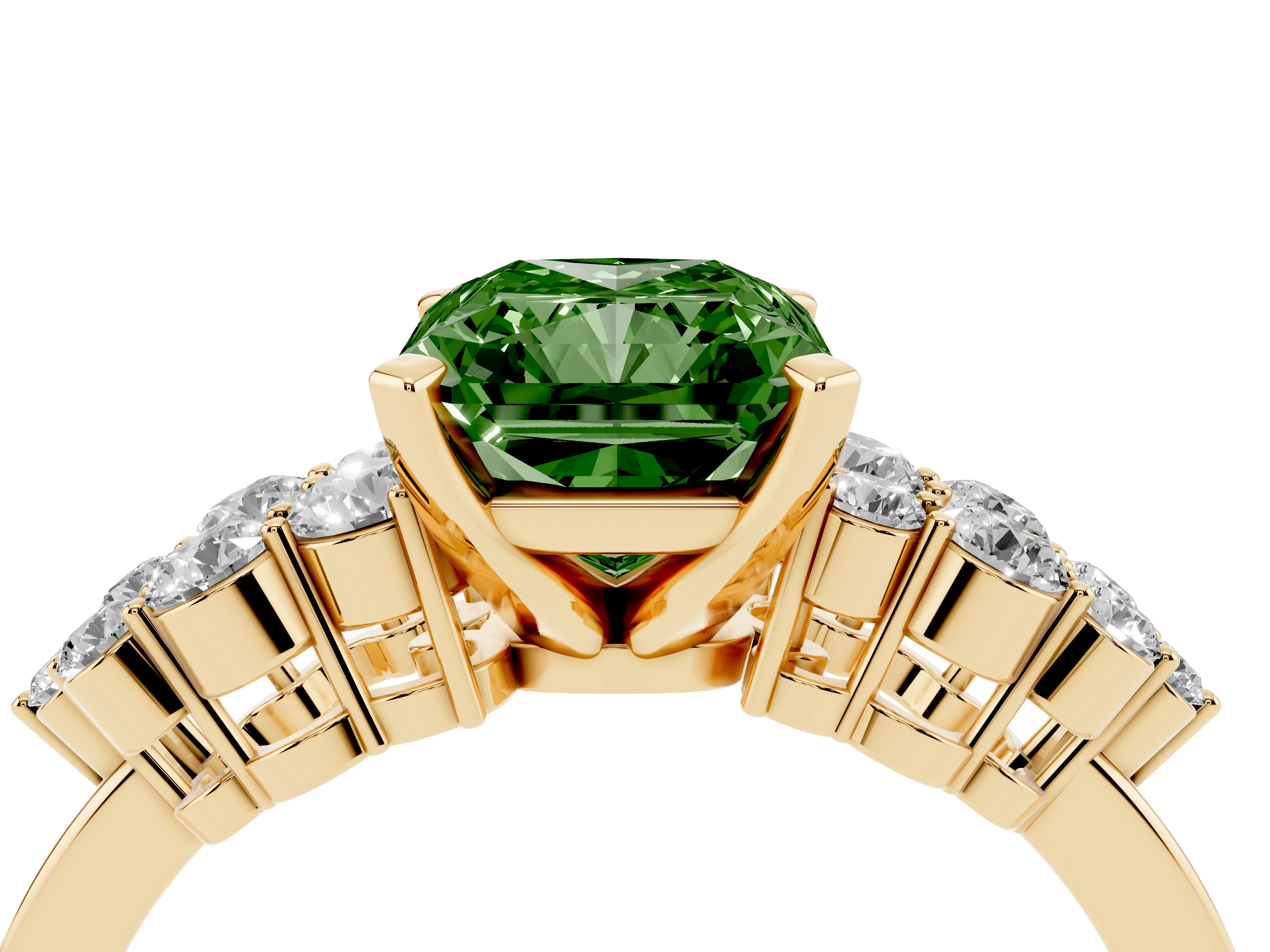 Fancy Green Radiant Cut Diamond Cluster Engagement Ring Set in Yellow gold with Pavé Band and Prong Setting