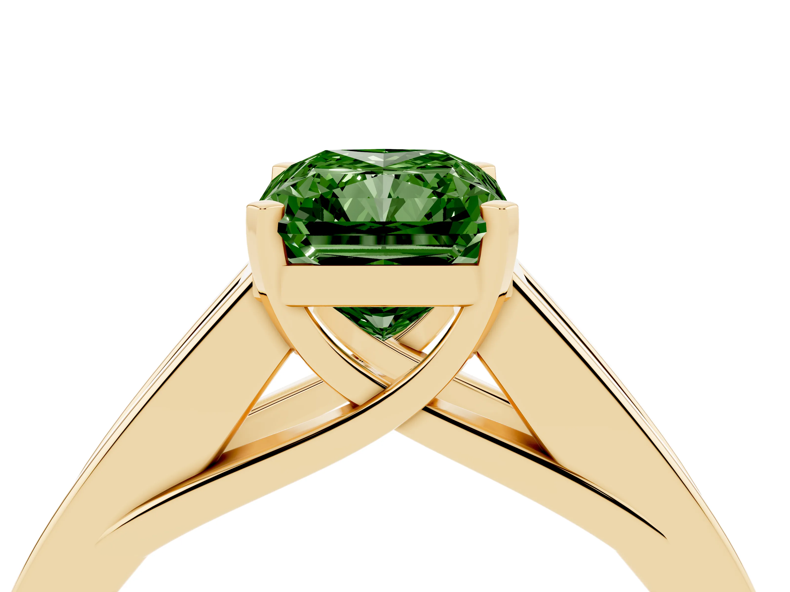 Fancy Green Radiant Cut Diamond Solitaire Ring Set in Yellow gold with Channel-Set Accent Stones and Prong Setting