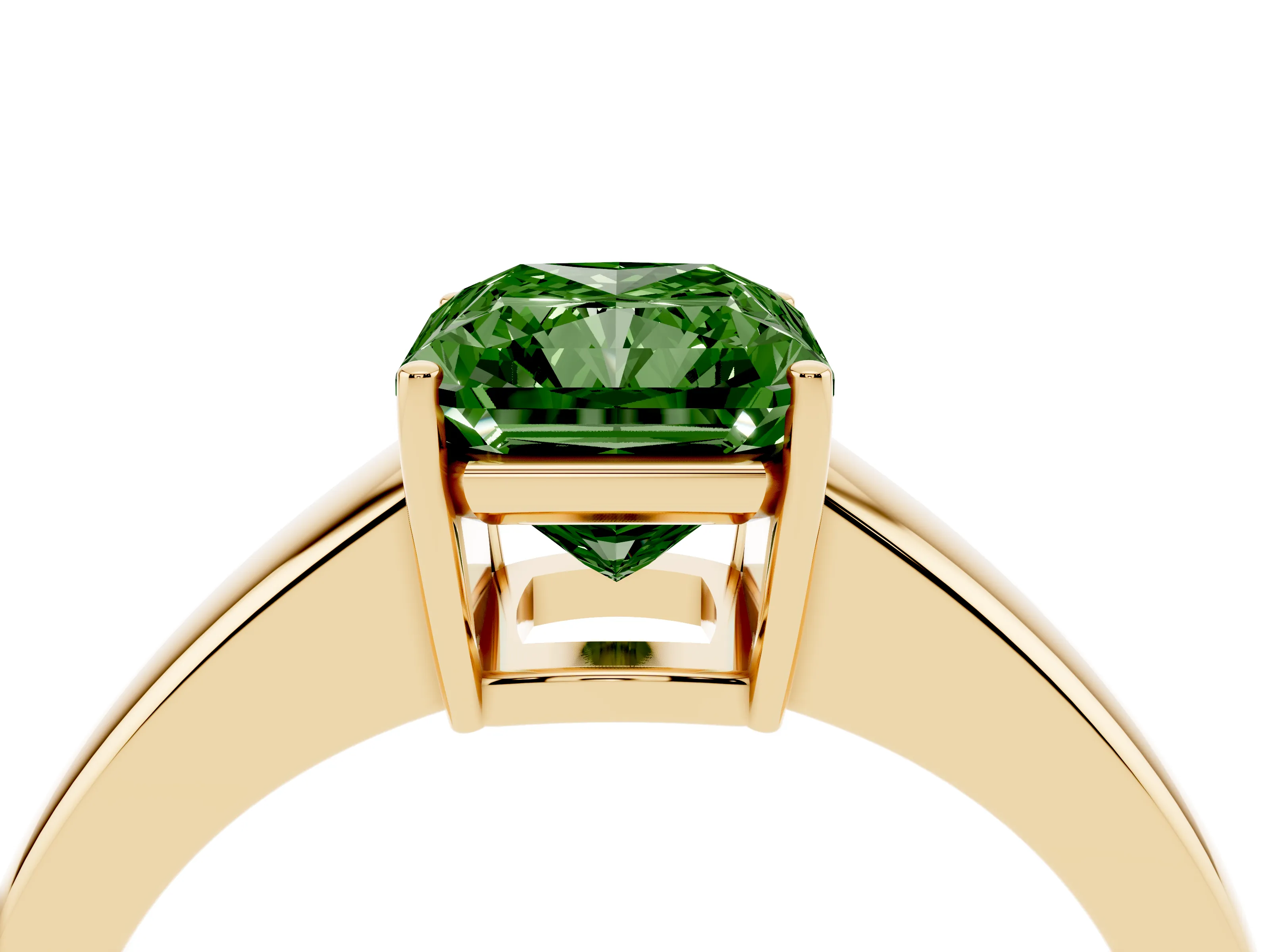 Fancy Green Radiant Cut Diamond Solitaire Ring Set in Yellow gold with Tapered Band and Prong Setting