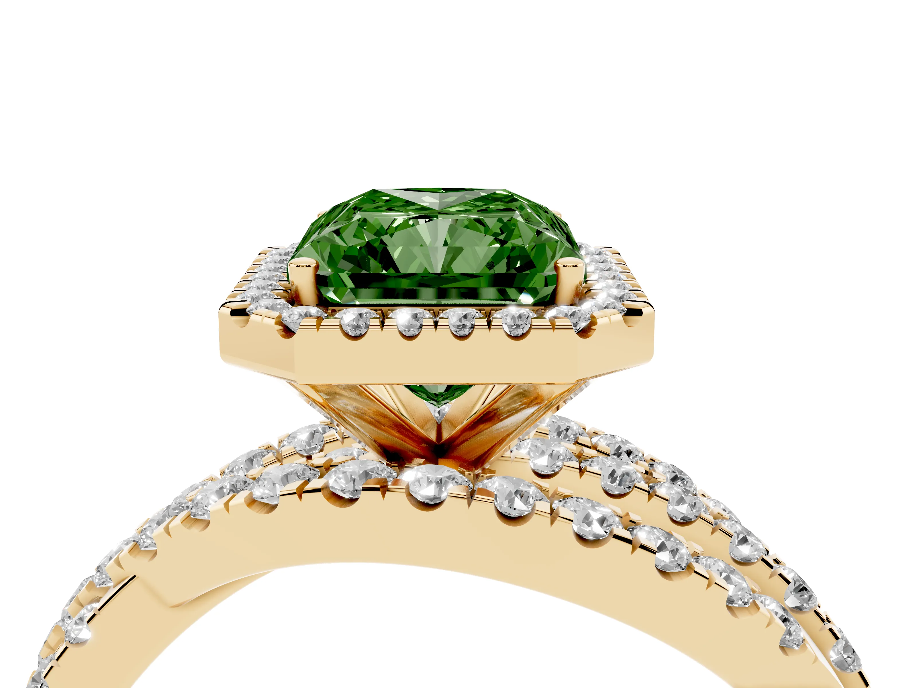 Fancy Green Radiant Cut Diamond Halo Ring Set in Yellow gold with Round Crossover Split Shank and Prong Setting