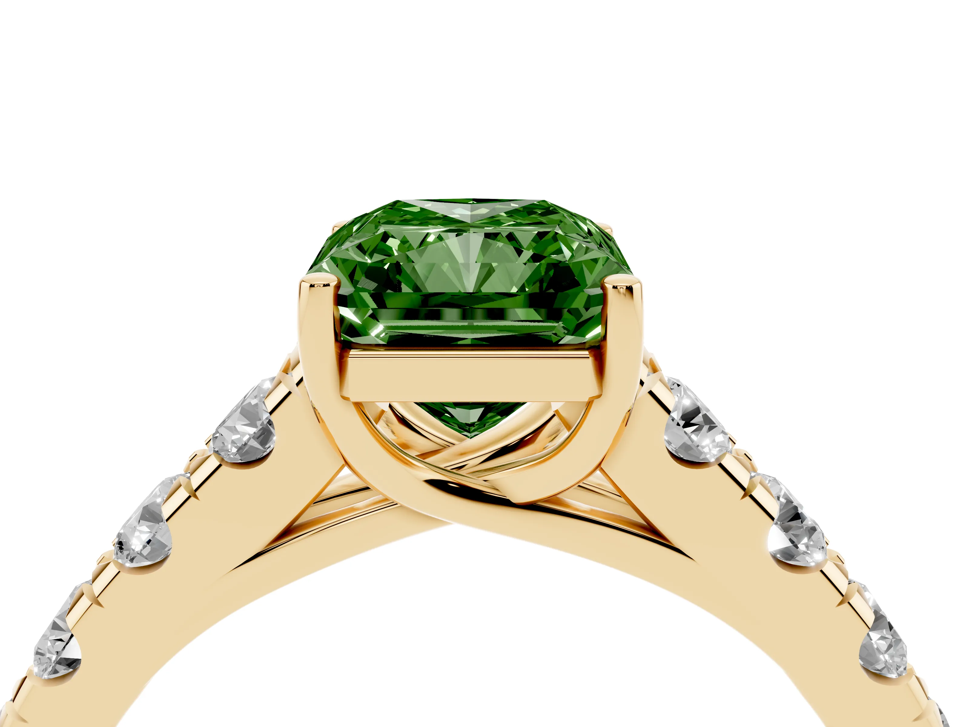 Fancy Green Radiant Cut Diamond Solitaire Ring Set in Yellow gold with Cut-Down Micro Pavé Band and Prong Setting