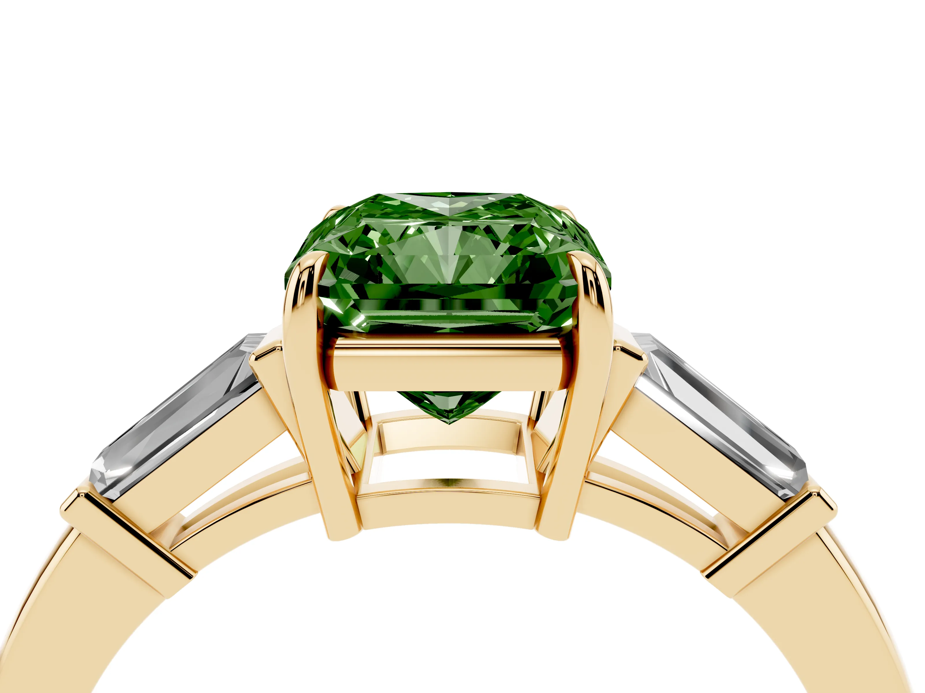 Fancy Green Radiant Cut Diamond Three-Stone Ring Set in Yellow gold with Tapered Baguette Side Stones and Prong Setting