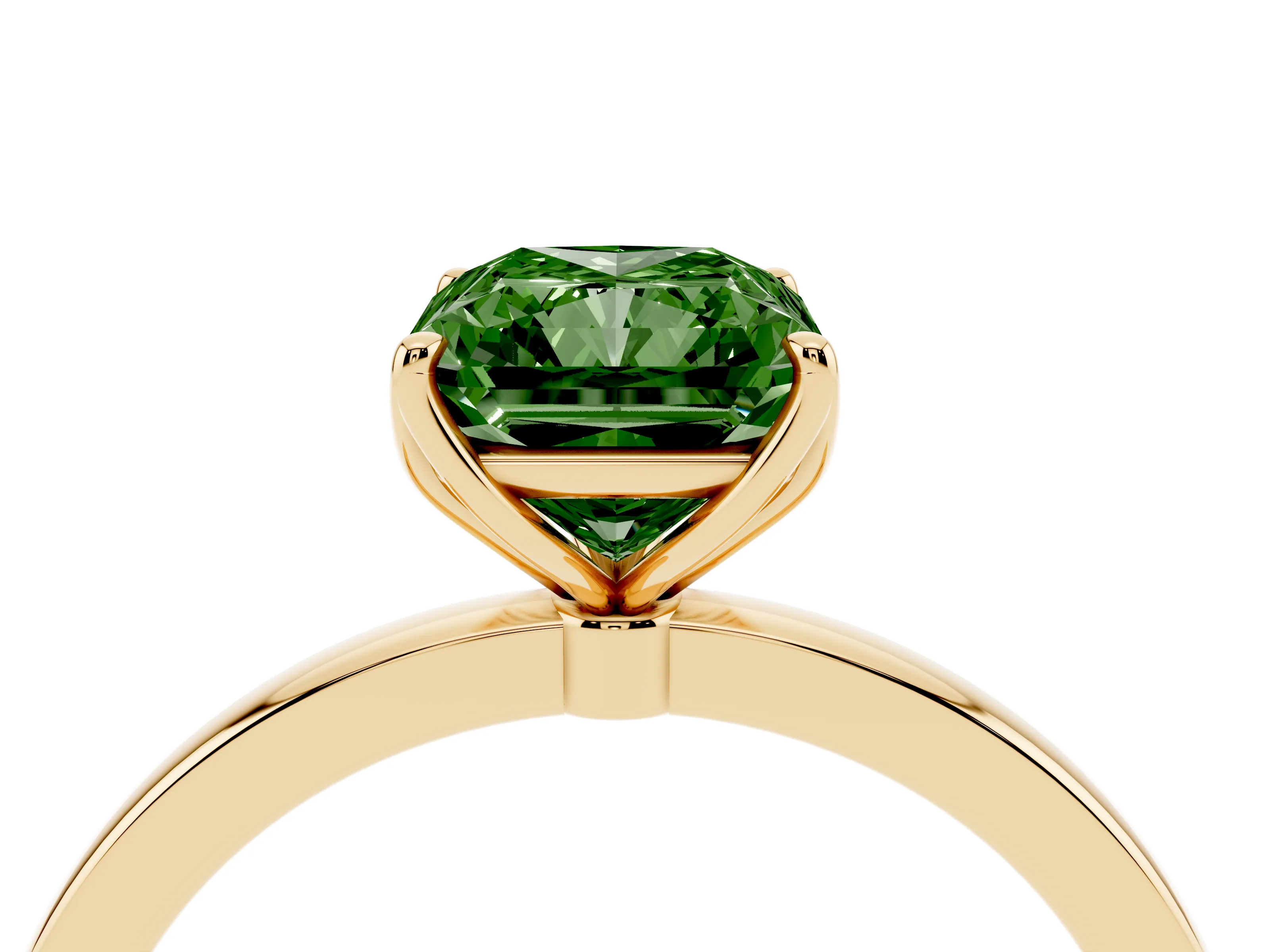 Fancy Green Radiant Cut Diamond Solitaire Ring Set in Yellow gold with Prong Setting and Thin Polished Band