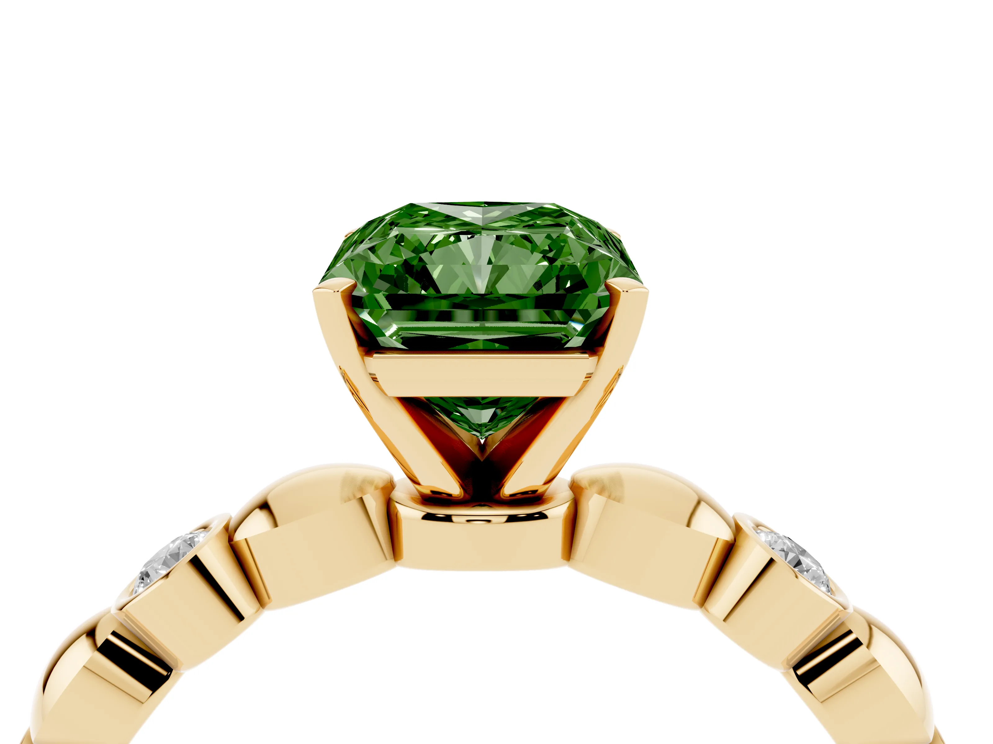 Fancy Green Radiant Cut Diamond Solitaire Ring Set in Yellow gold with Bezel-Set Accents on Beaded Band and Prong Setting
