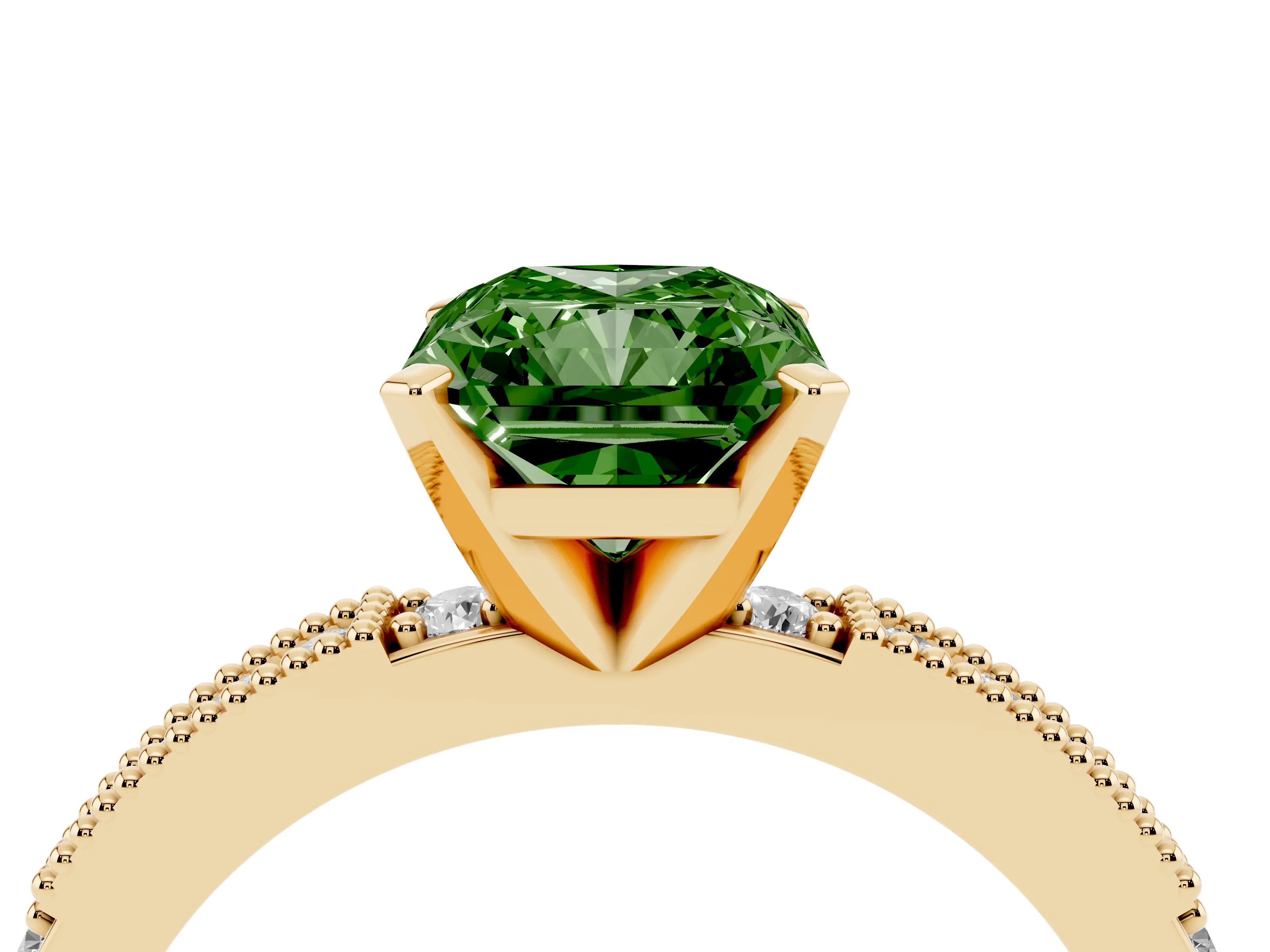 Fancy Green Radiant Cut Diamond Solitaire Ring Set in Yellow gold with Slim Pavé Band and Prong Setting