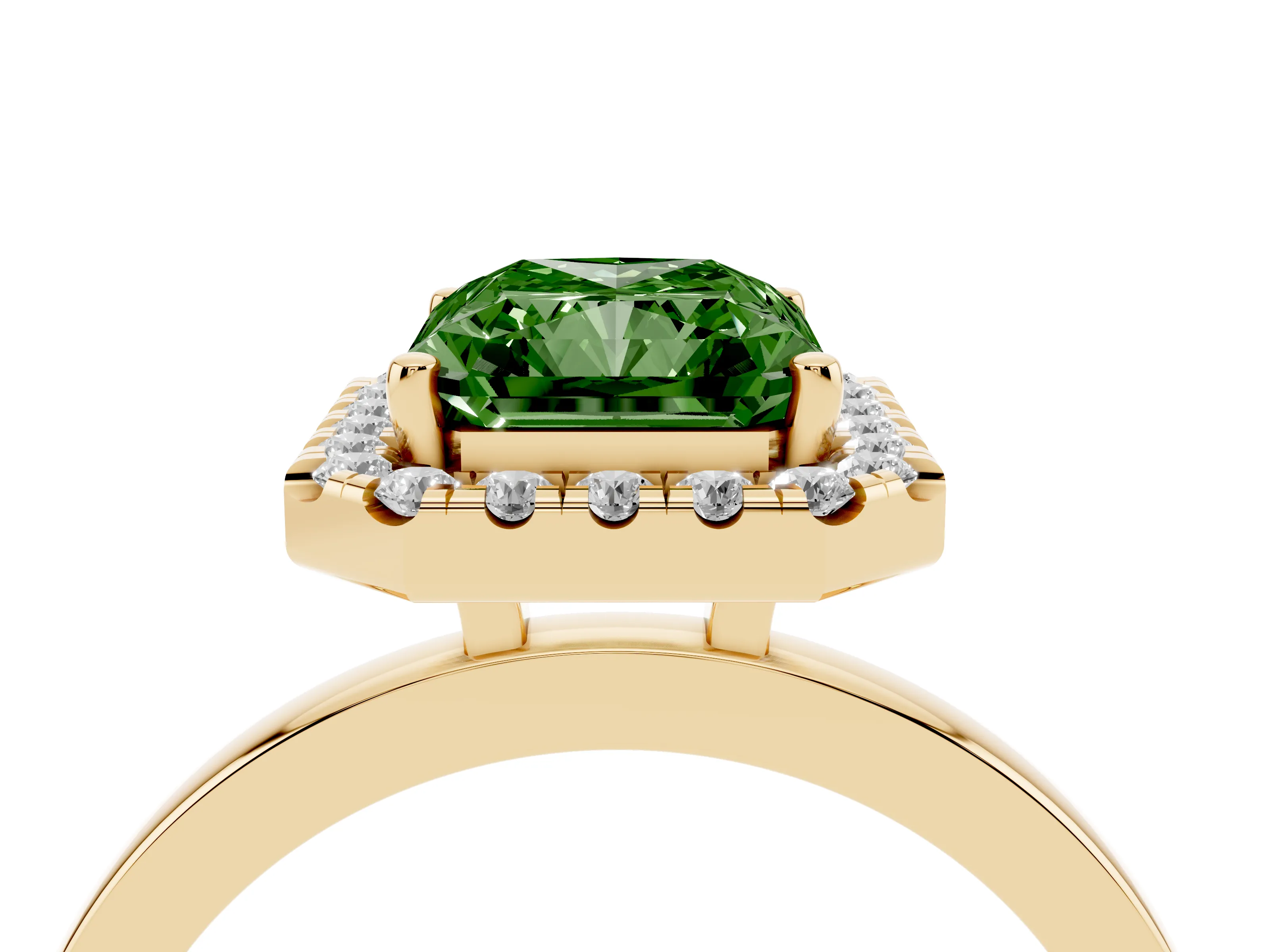 Fancy Green Radiant Cut Diamond Halo Solitaire Ring Set in Yellow gold with Pavé Band and Prong Setting