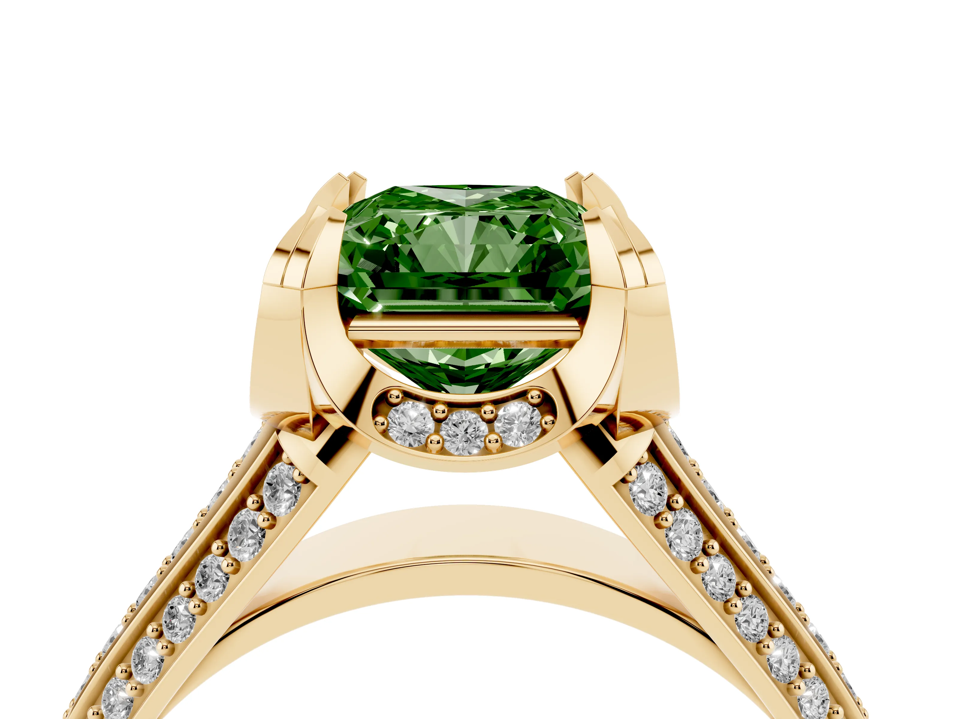 Fancy Green Radiant Cut Diamond Pavé Split Shank Solitaire Ring Set in Yellow gold with Prong Setting
