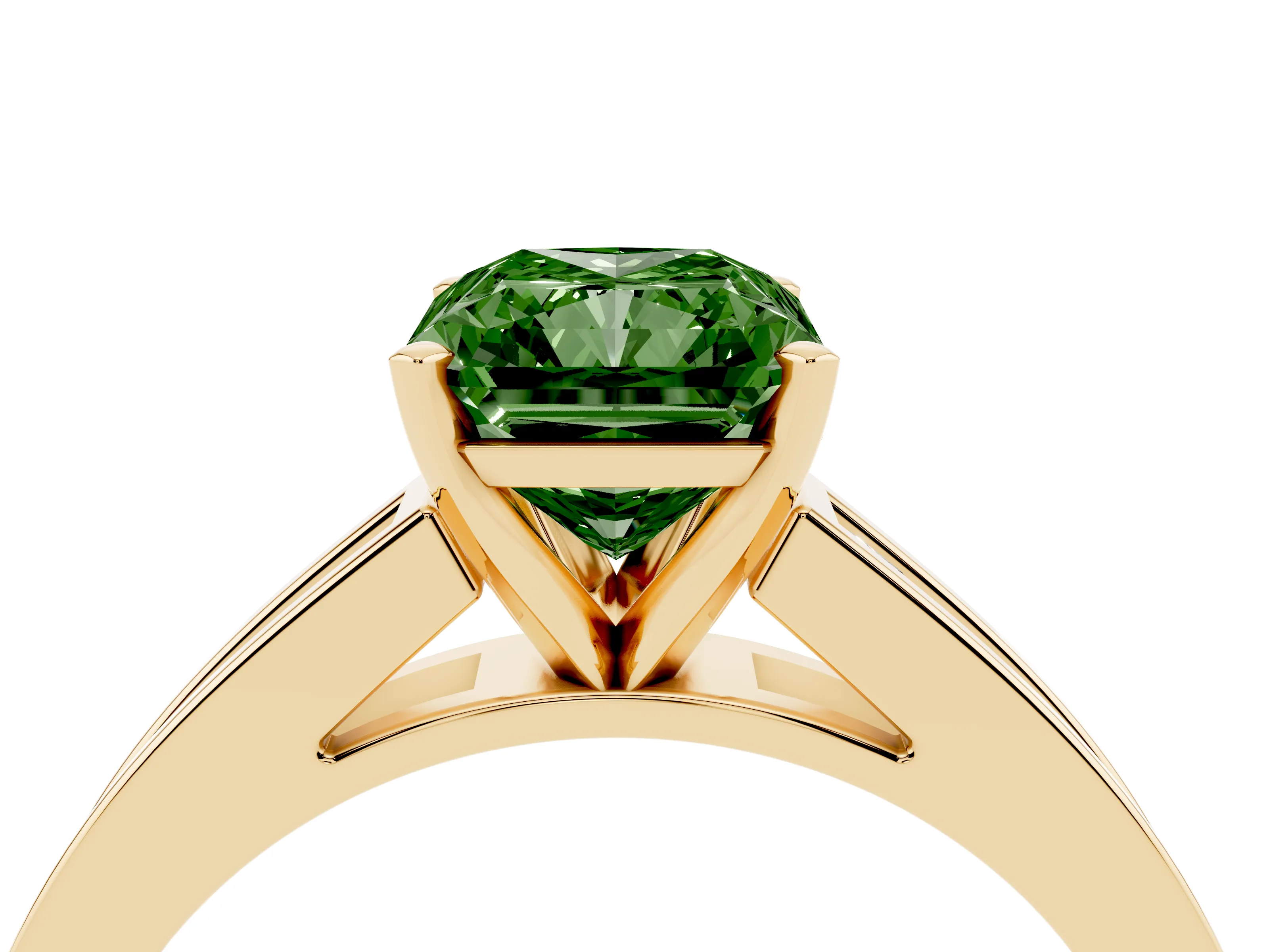 Fancy Green Radiant Cut Diamond Solitaire Ring Set in Yellow gold with Channel-Set Band and Prong Setting