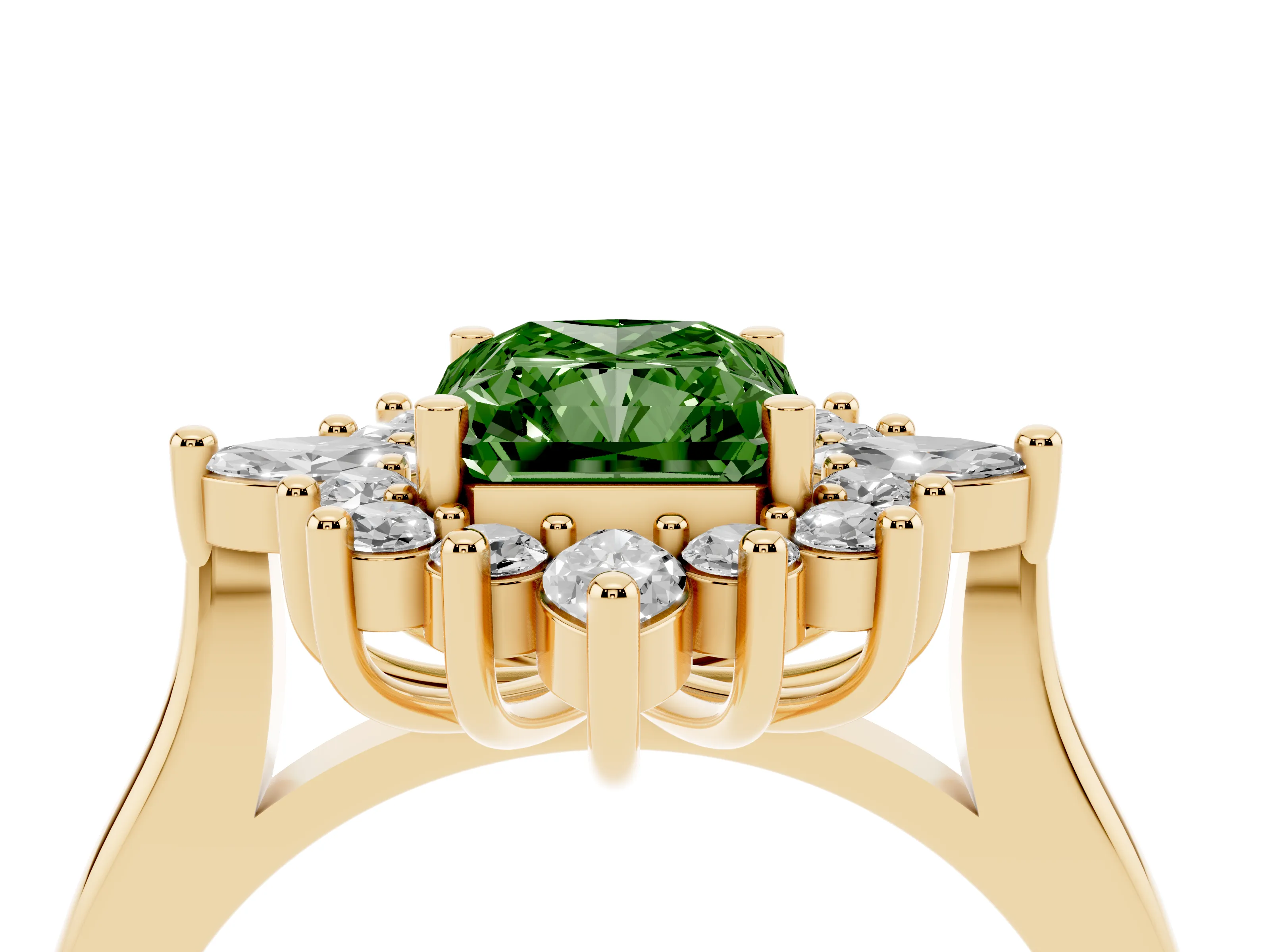 Fancy Green Radiant Cut Diamond Cluster Halo Ring Set in Yellow gold with Marquise and Round Accents