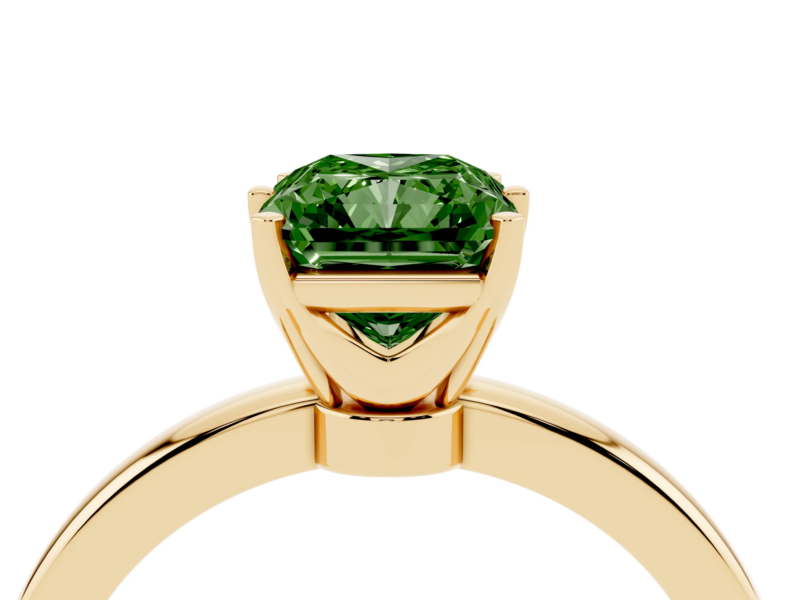 Fancy Green Radiant Cut Diamond Solitaire Ring Set in Yellow gold with Raised Prong Setting on a Classic Band