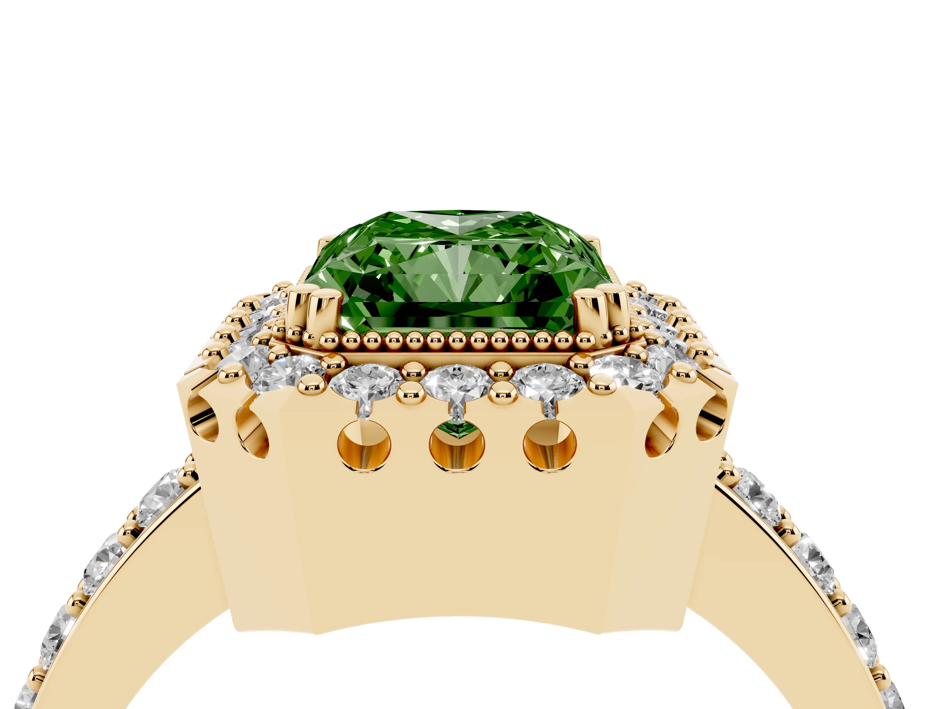 Fancy Green Radiant Cut Diamond Halo Ring Set in Yellow gold with Pavé Shank and Prong Setting