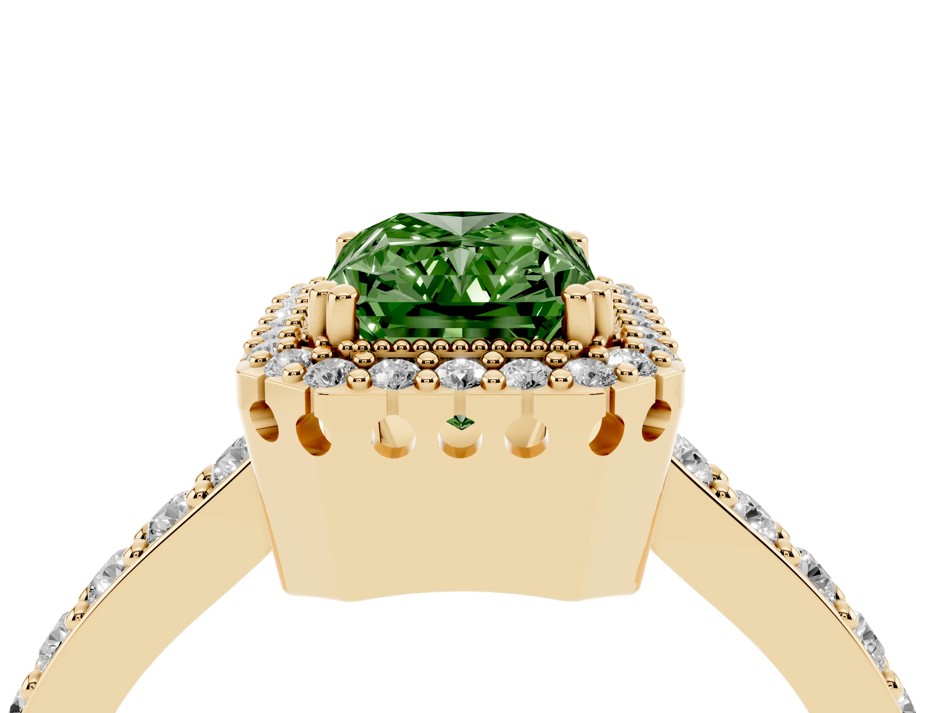 Fancy Green Radiant Cut Diamond Halo Engagement Ring Set in Yellow gold with Milgrain Detail and Pavé Band