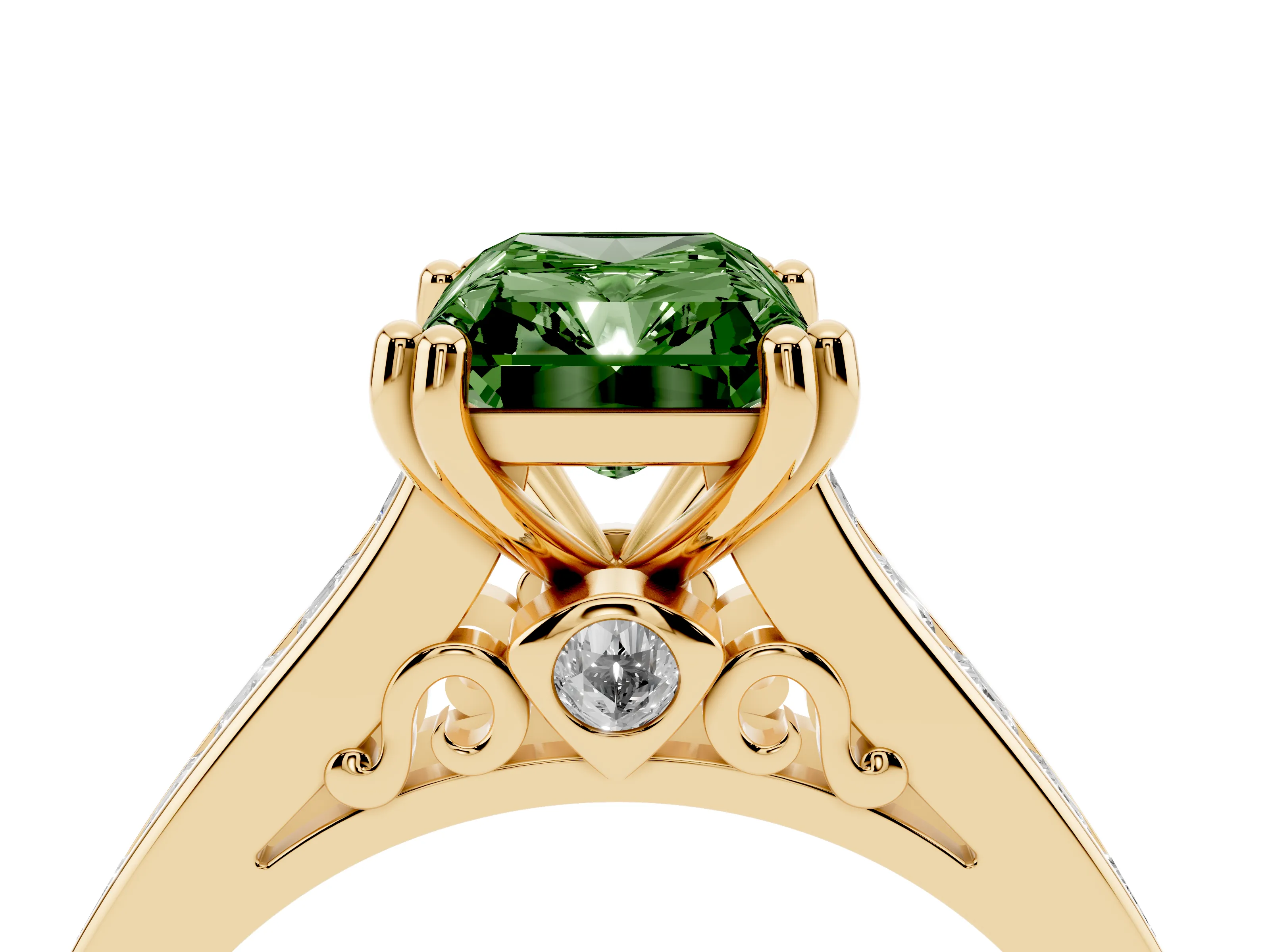 Fancy Green Radiant Cut Diamond Channel Set Solitaire Engagement Ring Set in Yellow gold with Prong Setting