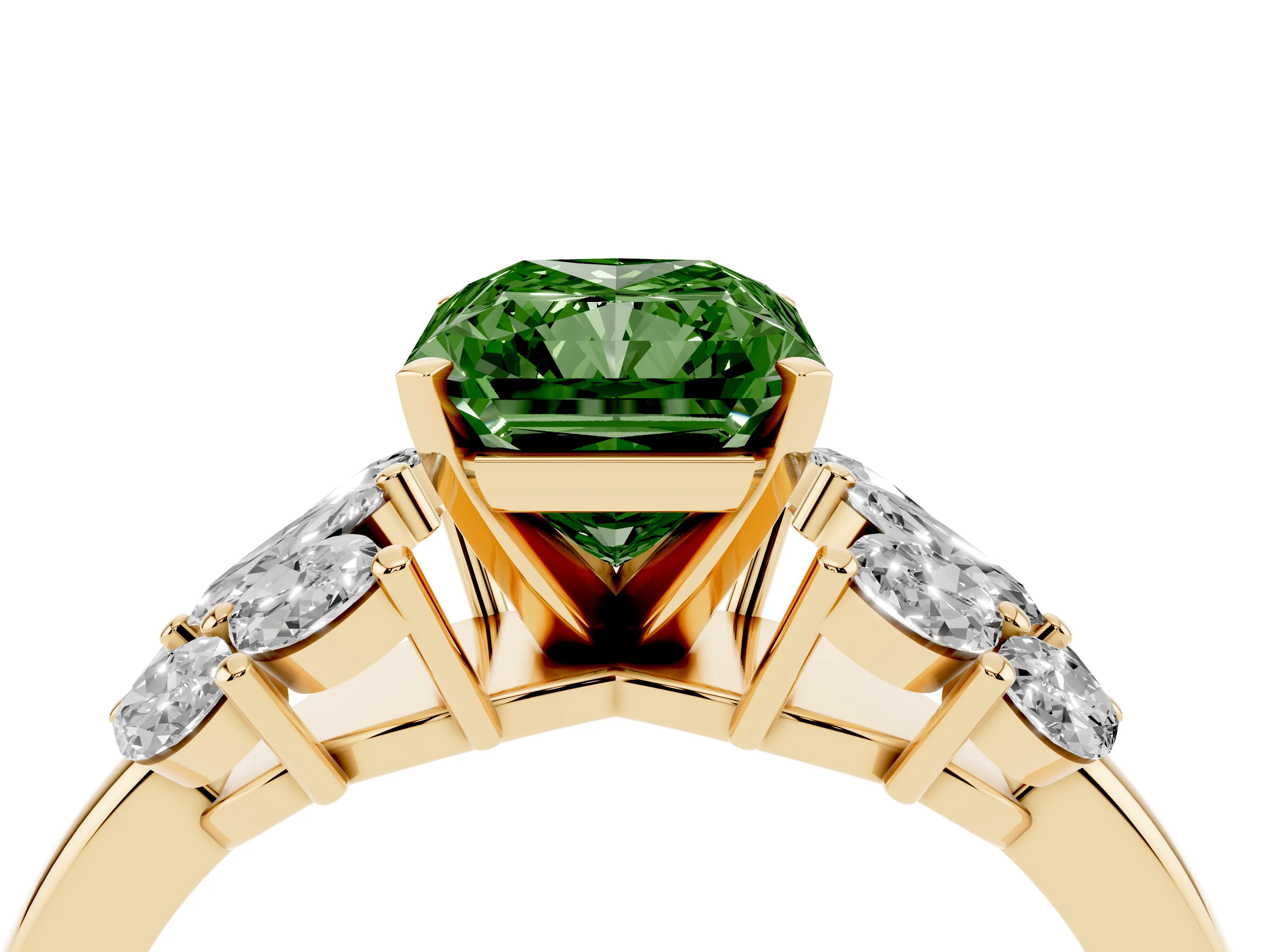 Fancy Green Radiant Cut Diamond Cluster Leaf Design Ring Set in Yellow gold with Prong Setting