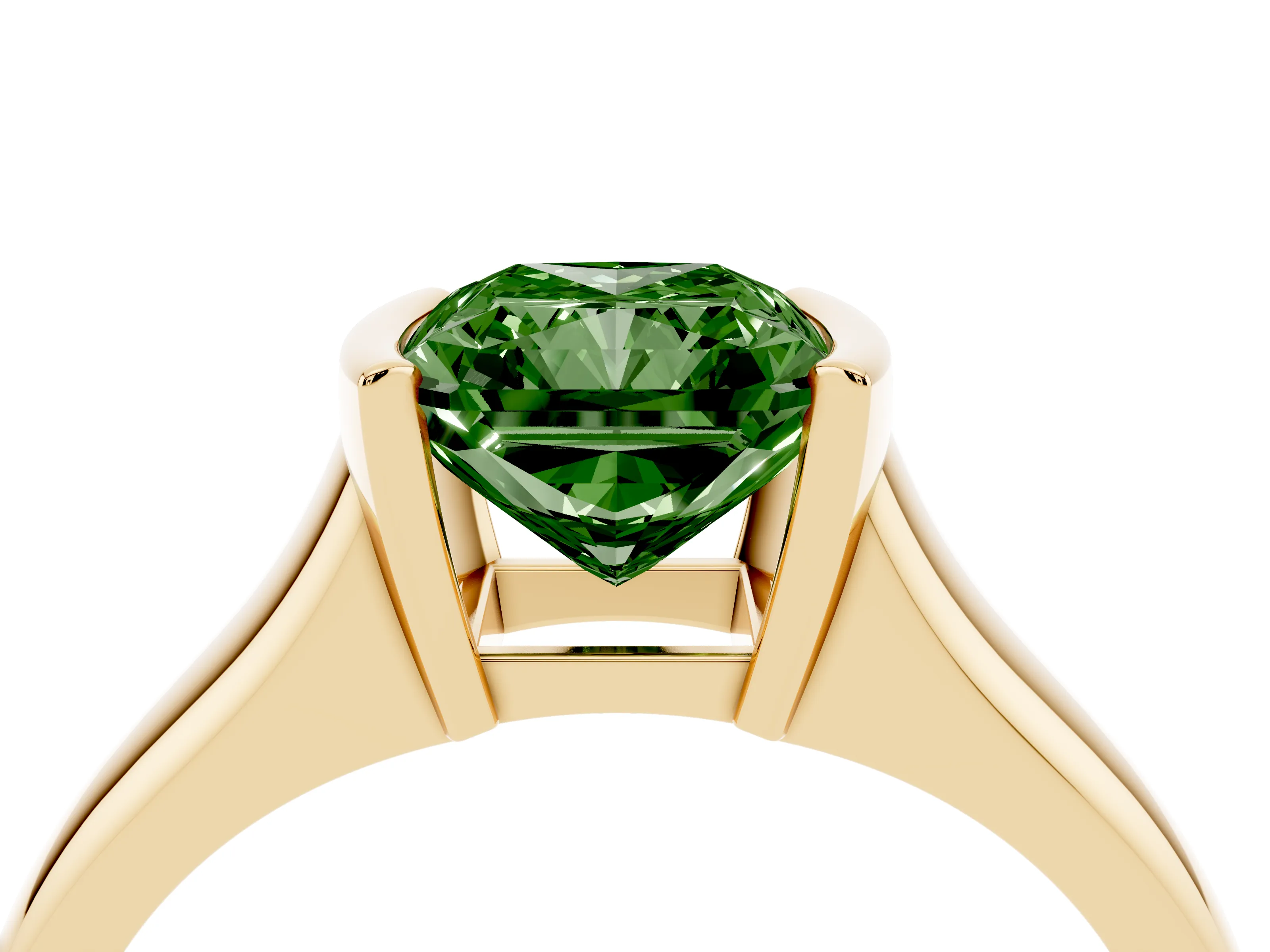 Fancy Green Radiant Cut Diamond Solitaire Tension Set Ring Set in Yellow gold with Split Shank Band