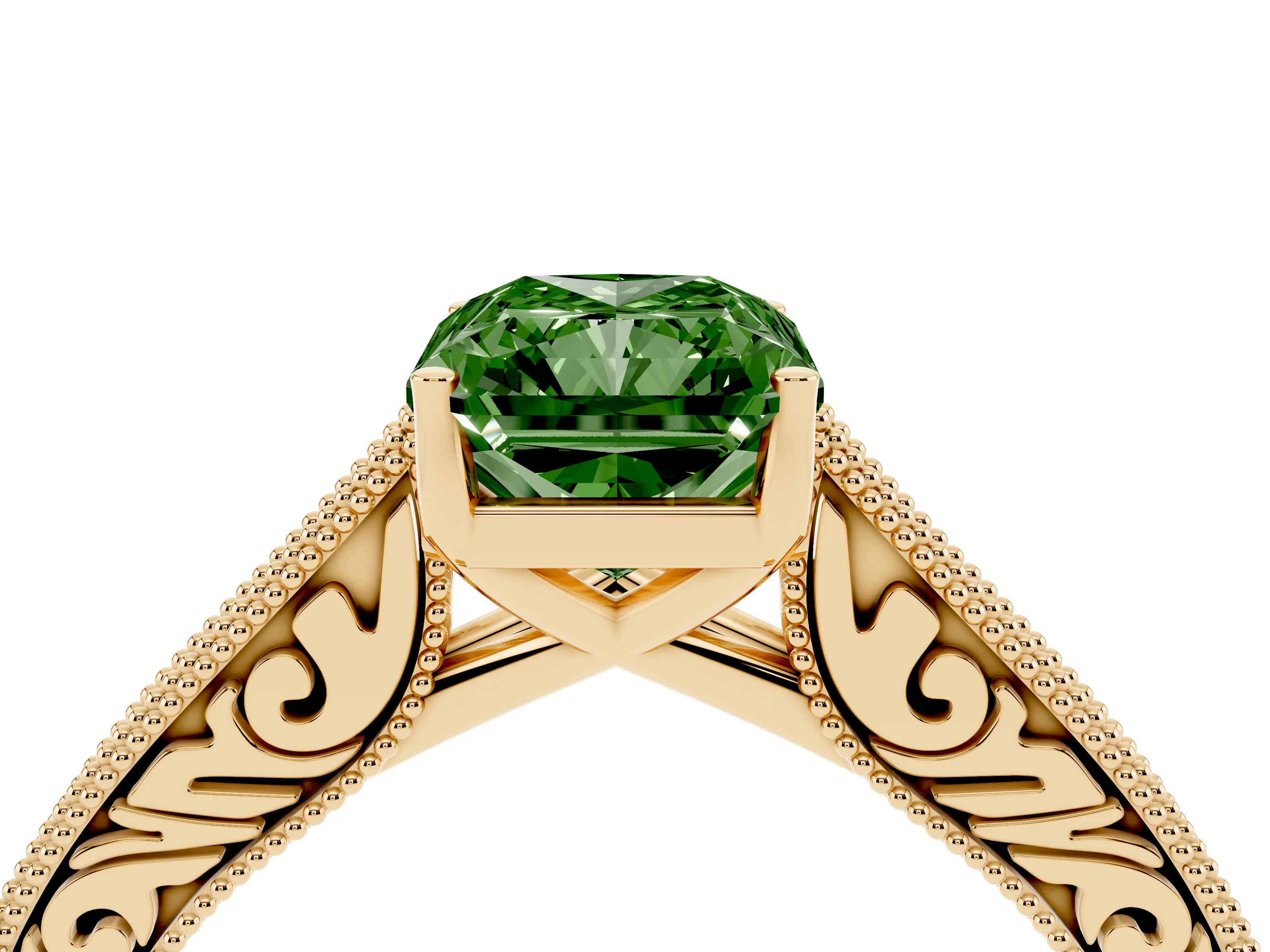 Fancy Green Radiant Cut Diamond Milgrain Pavé Band Solitaire Ring Set in Yellow gold with Prong Setting