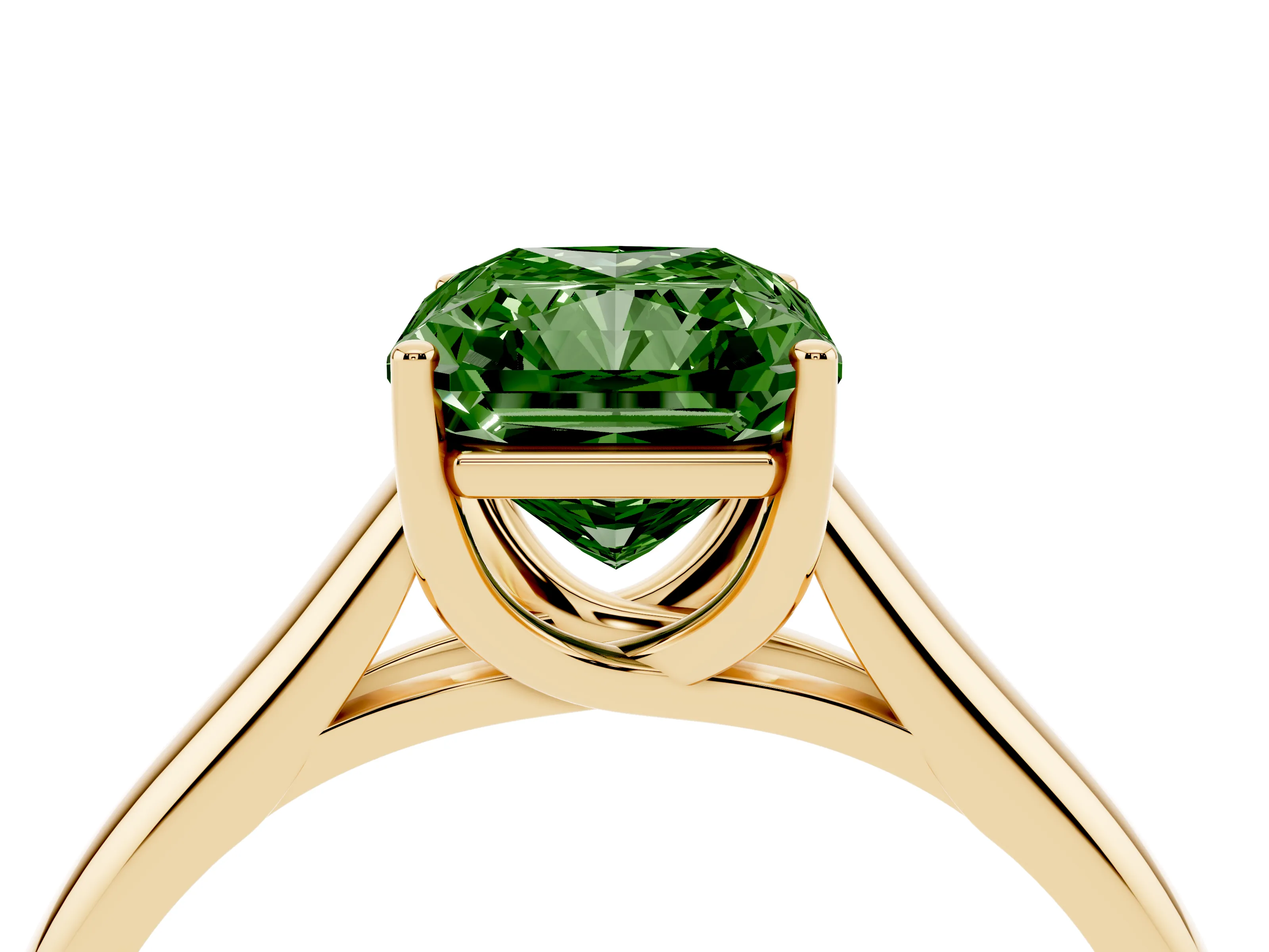 Fancy Green Radiant Cut Diamond Solitaire Engagement Ring Set in Yellow gold with Subtly Tapered Band and Prong Setting